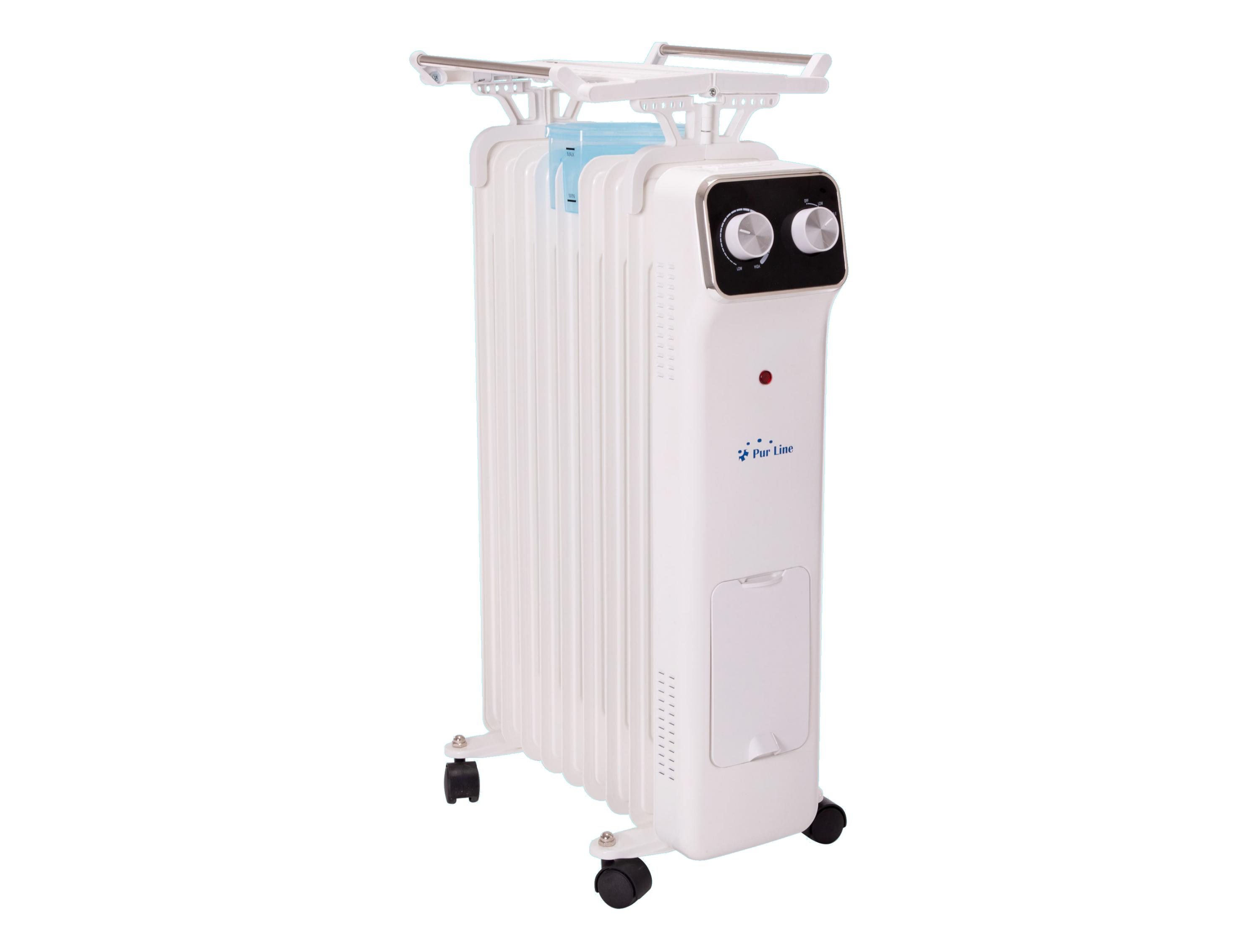 Ein weißer Ölradiator mit Bedienelementen auf der Vorderseite. Er hat Räder für Mobilität.