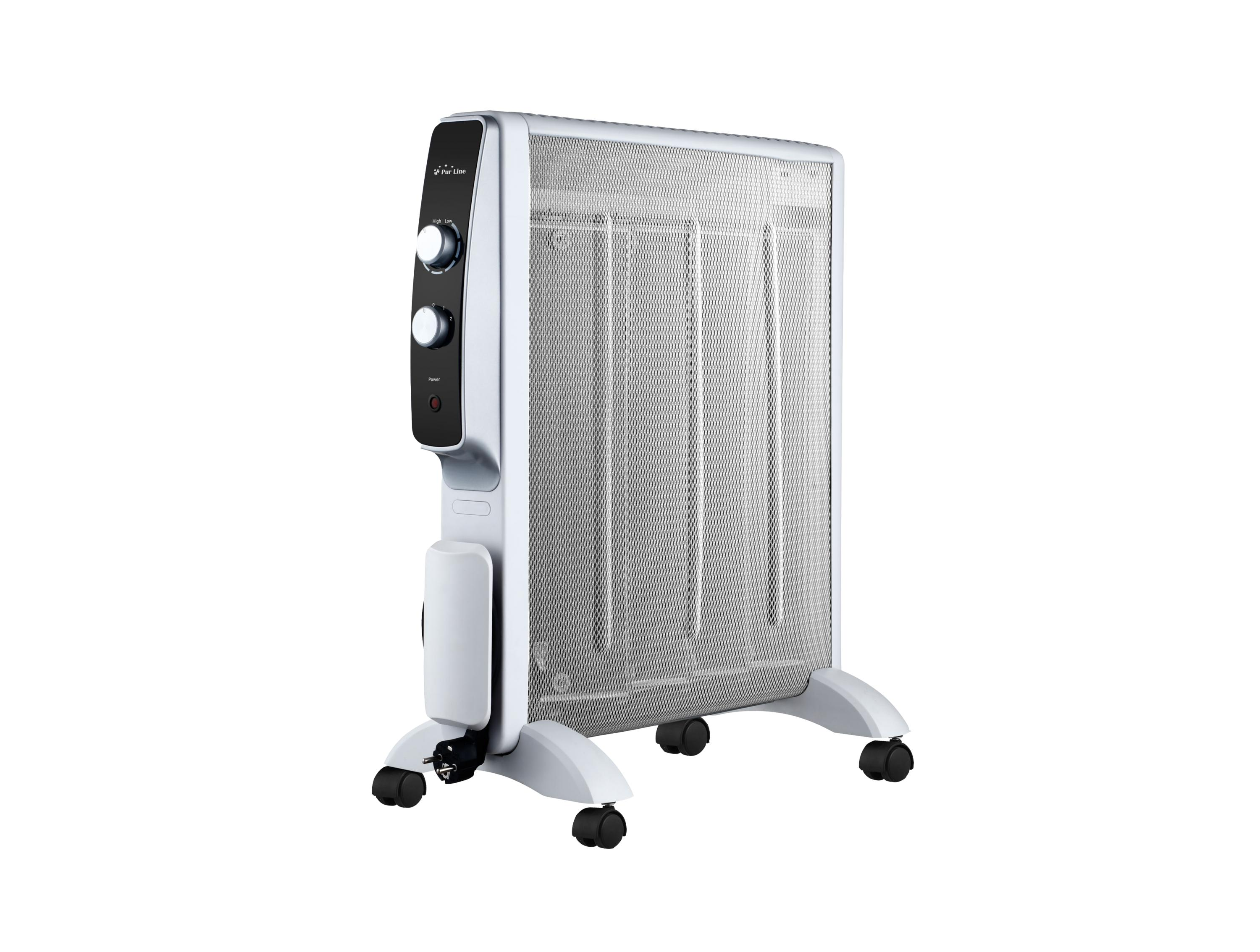 Weißer Elektroheizer mit vertikalem Metallgitter und Bedienelementen auf schwarzem Panel, auf Rädern.