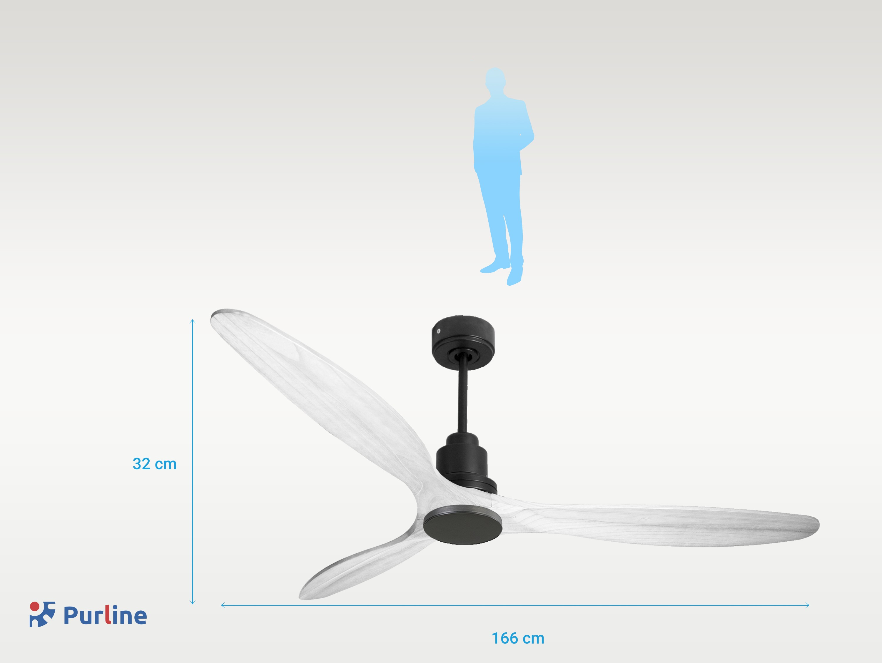 Ventilador de techo con tres aspas de madera clara y motor negro. Dimensiones y silueta humana visibles.