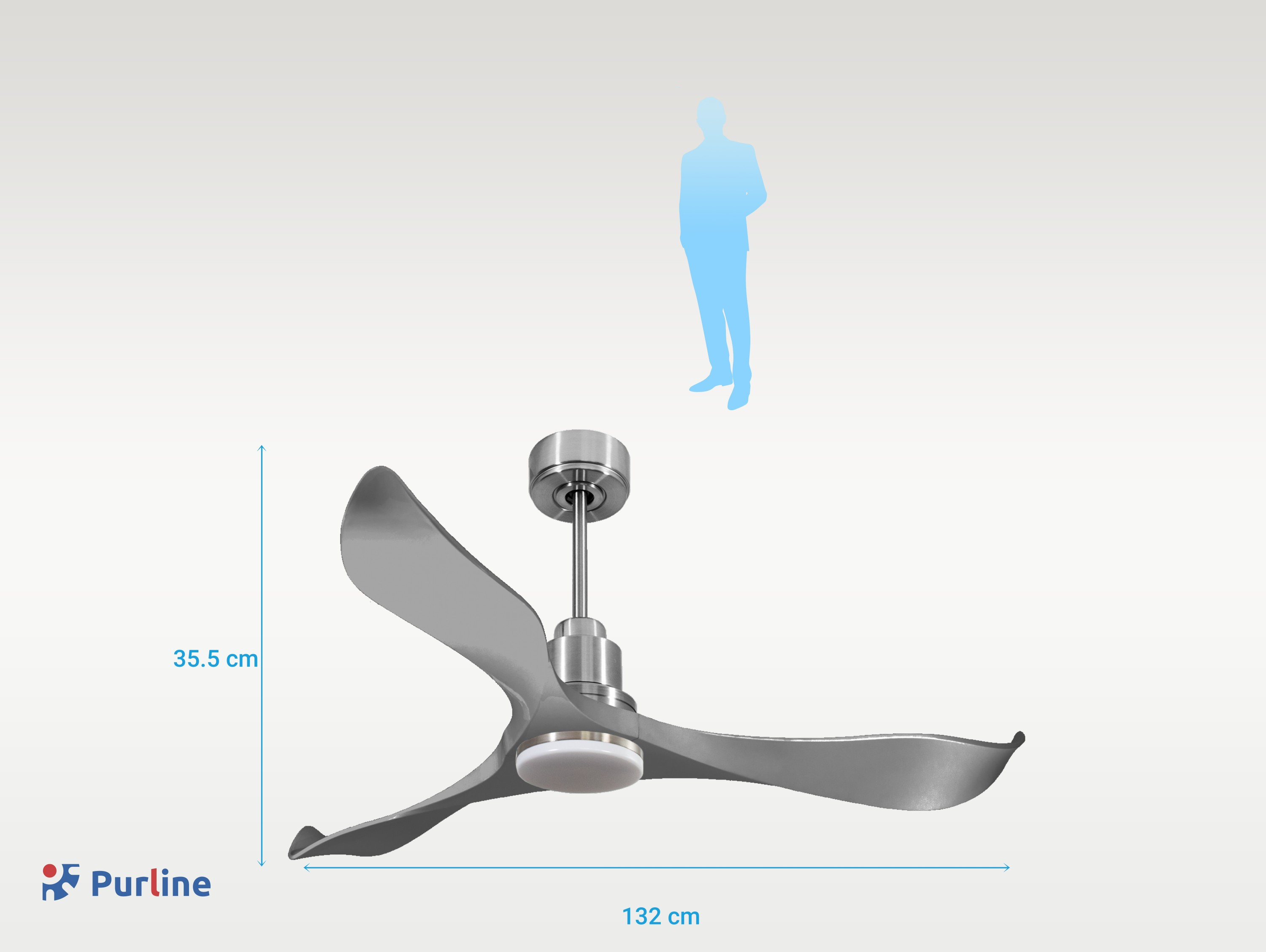 Ventilador de techo con aspas plateadas, motor y silueta humana azul.