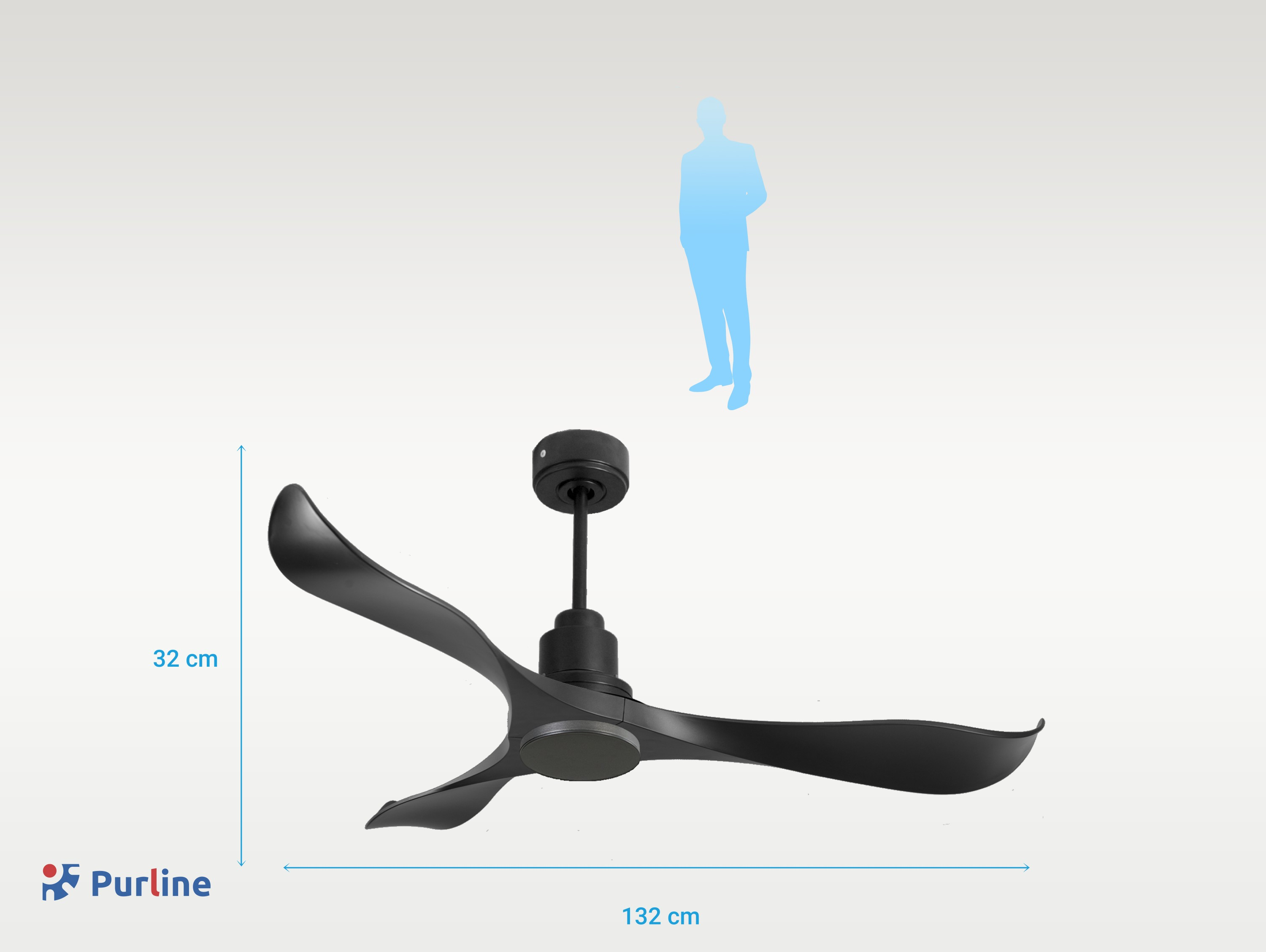 Ventilador de techo negro, tres aspas, motor negro y silueta humana azul.