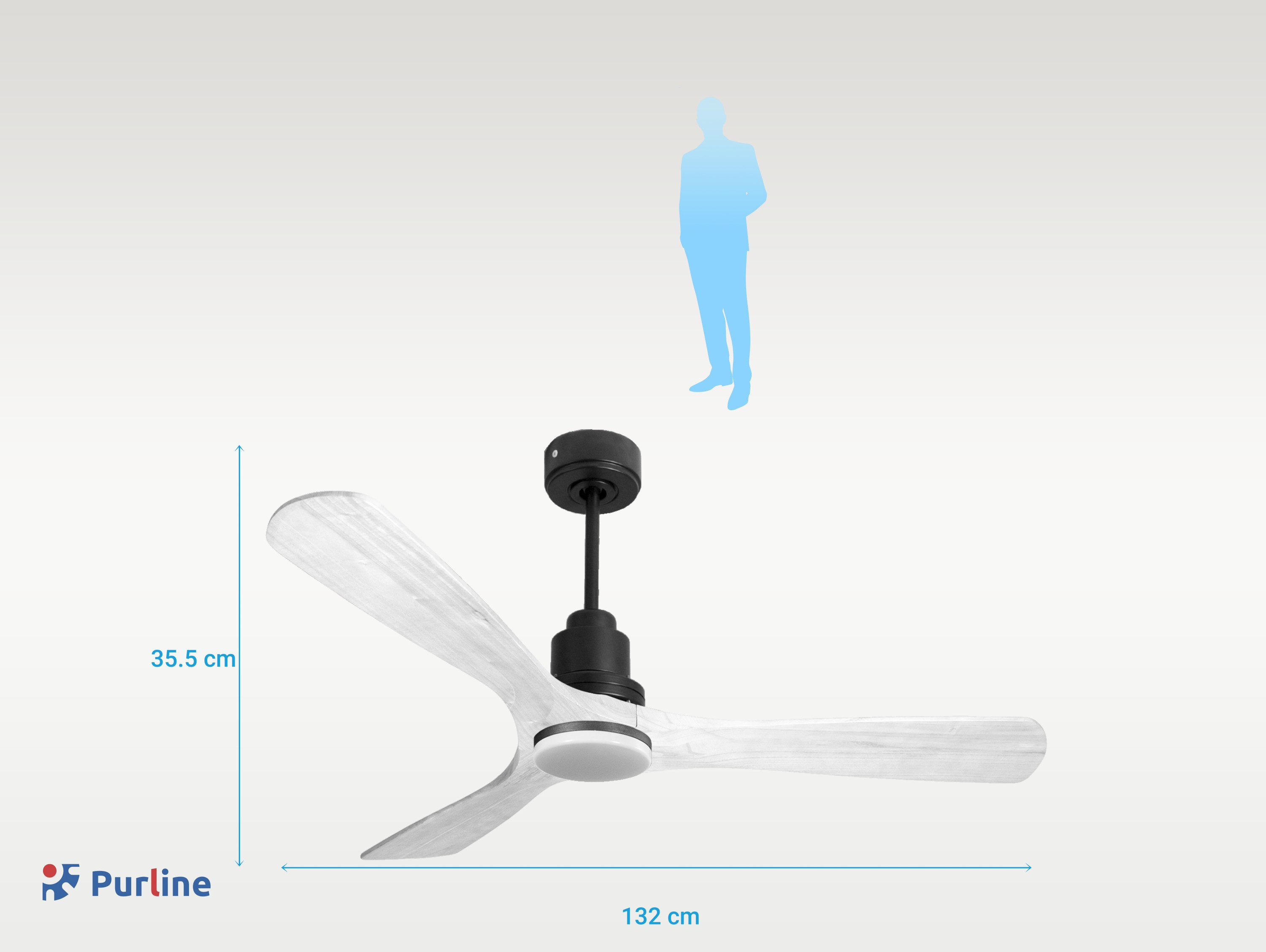 Ventilador de techo con 3 aspas de madera blancas. Dimensiones indicadas. Silueta de persona en el fondo.