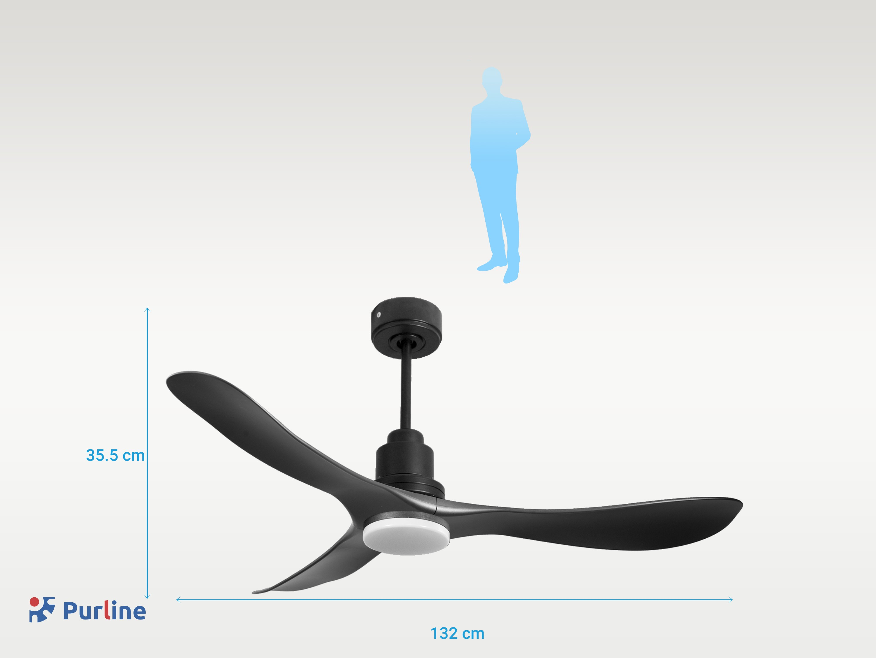Ventilador de techo negro con tres aspas. Se muestra una silueta de persona a escala. El ventilador también tiene una luz.