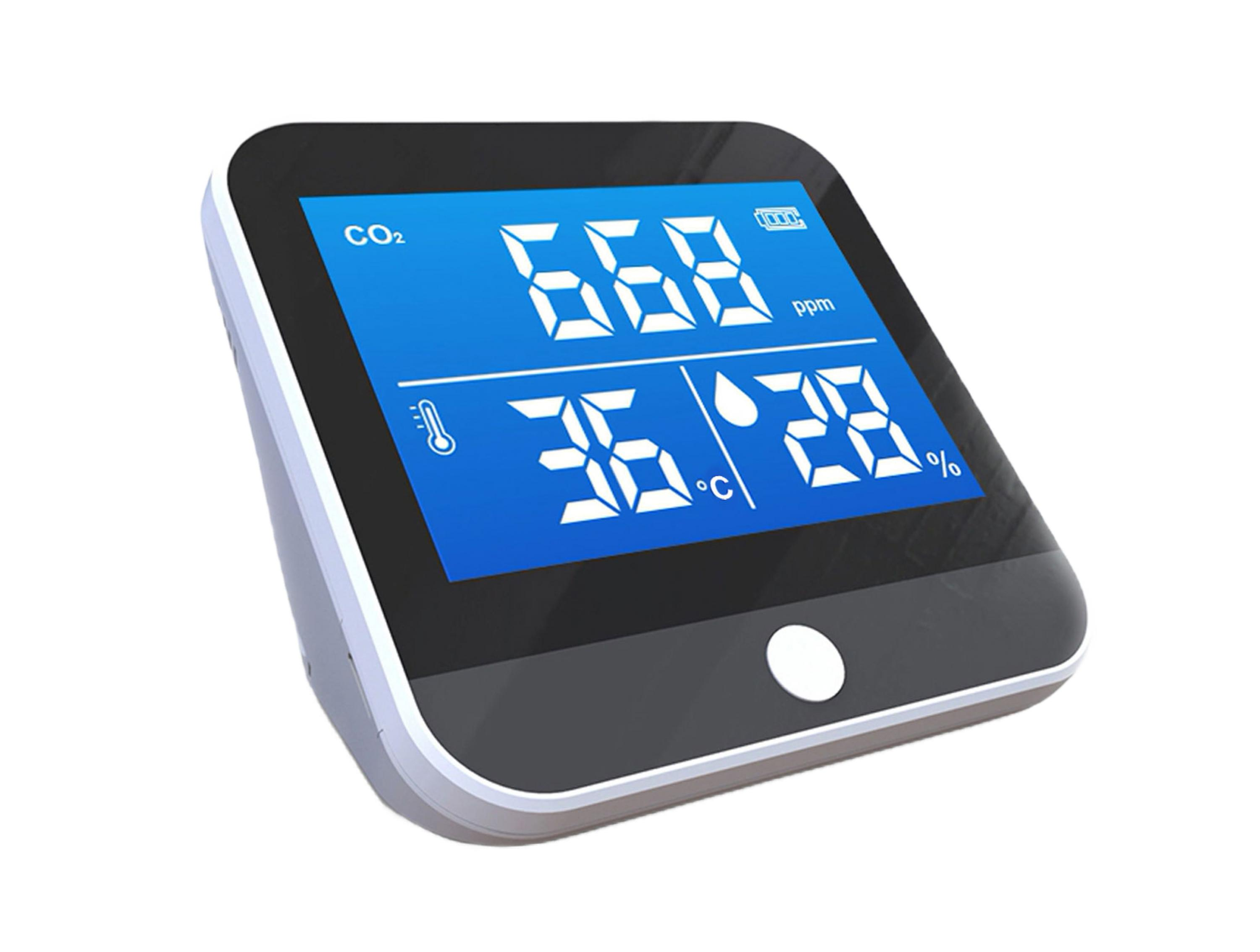 Dispositivo digital mostrando lecturas de CO2, temperatura y humedad. Fondo blanco con borde negro.