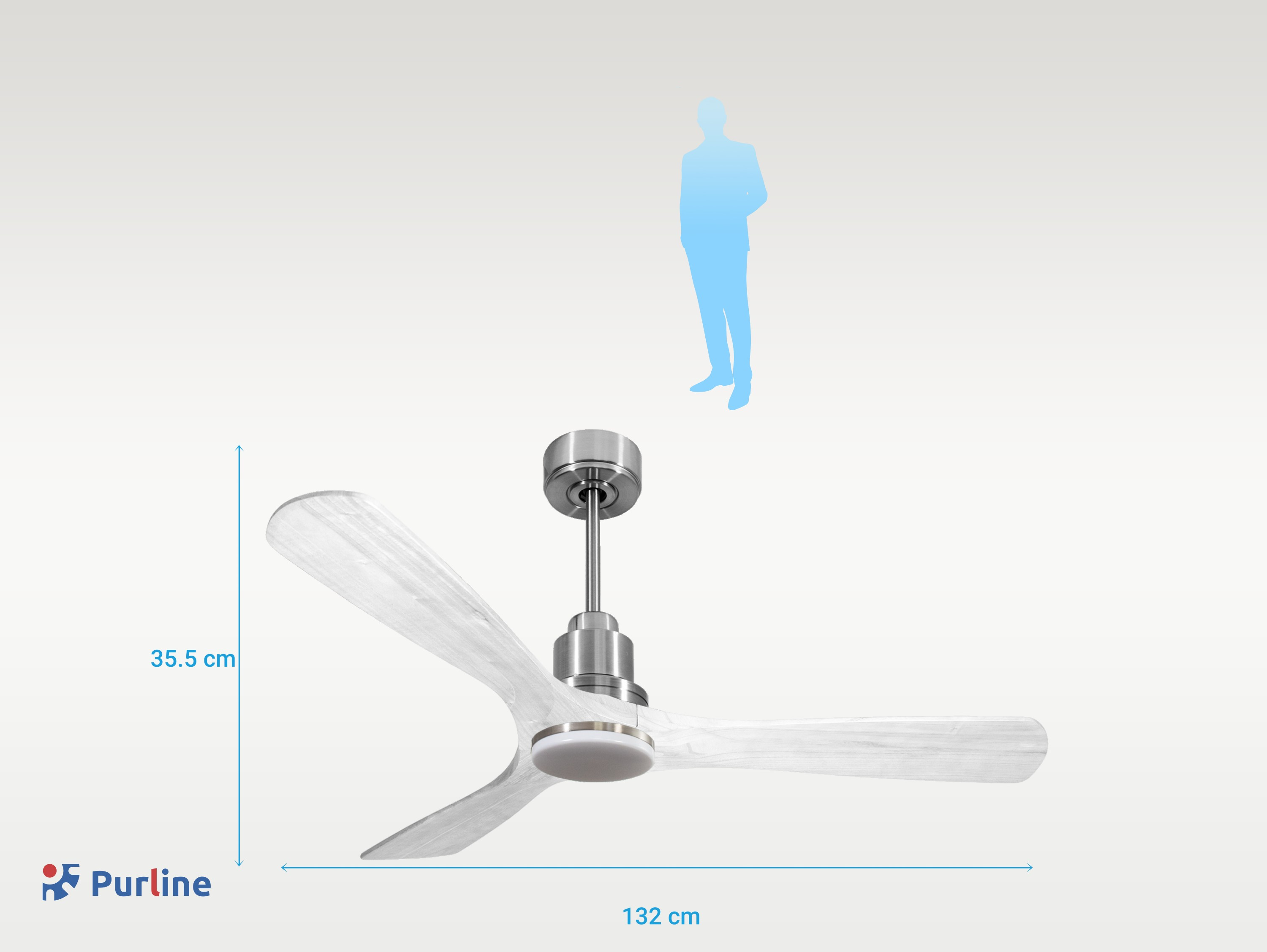 Ventilador de techo con aspas transparentes y un motor plateado. Se muestra una silueta de persona a escala. El ventilador está colgado.
