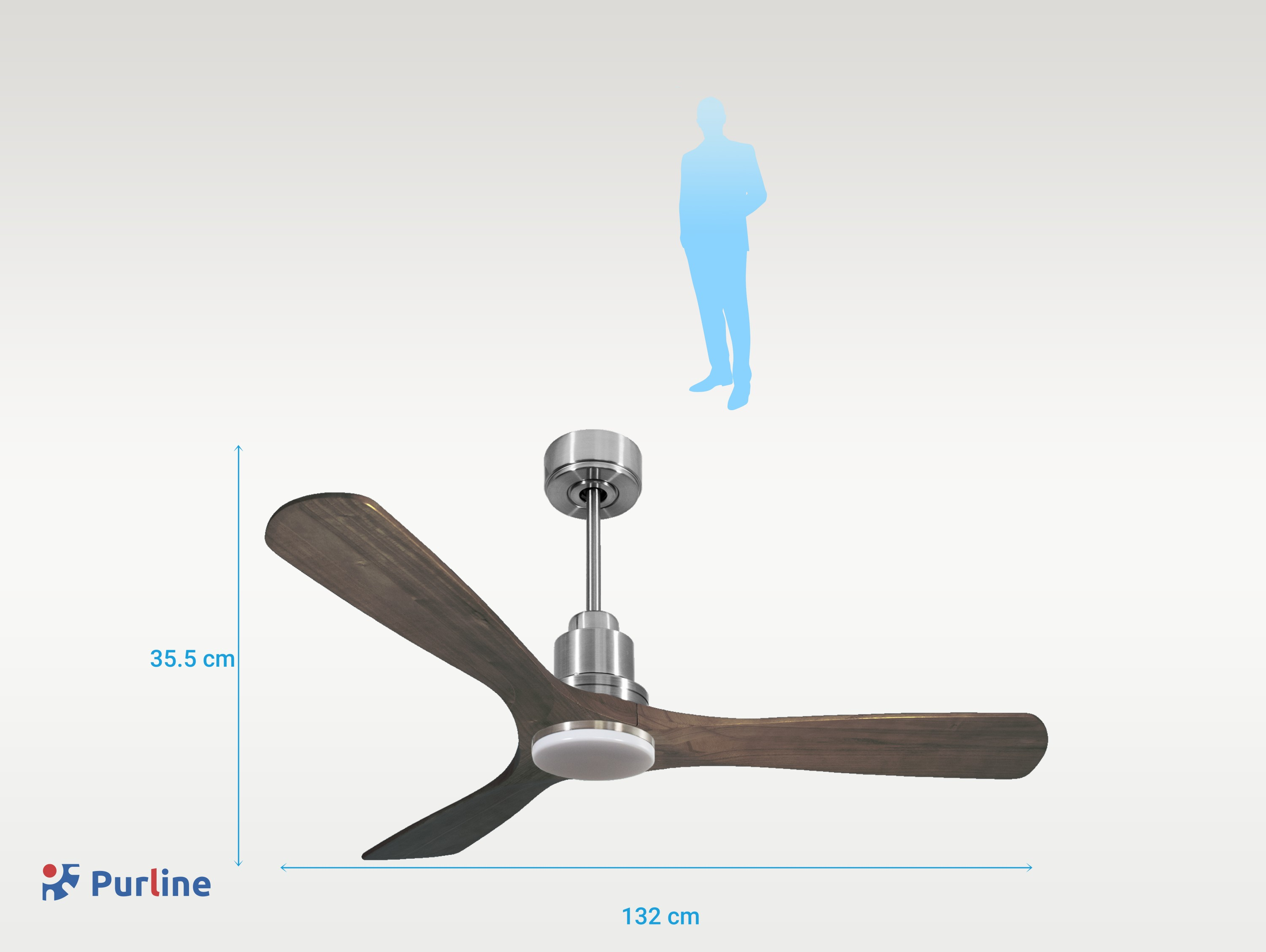 Ventilador de techo con motor de acero inoxidable y aspas de madera oscura, dimensiones mostradas.