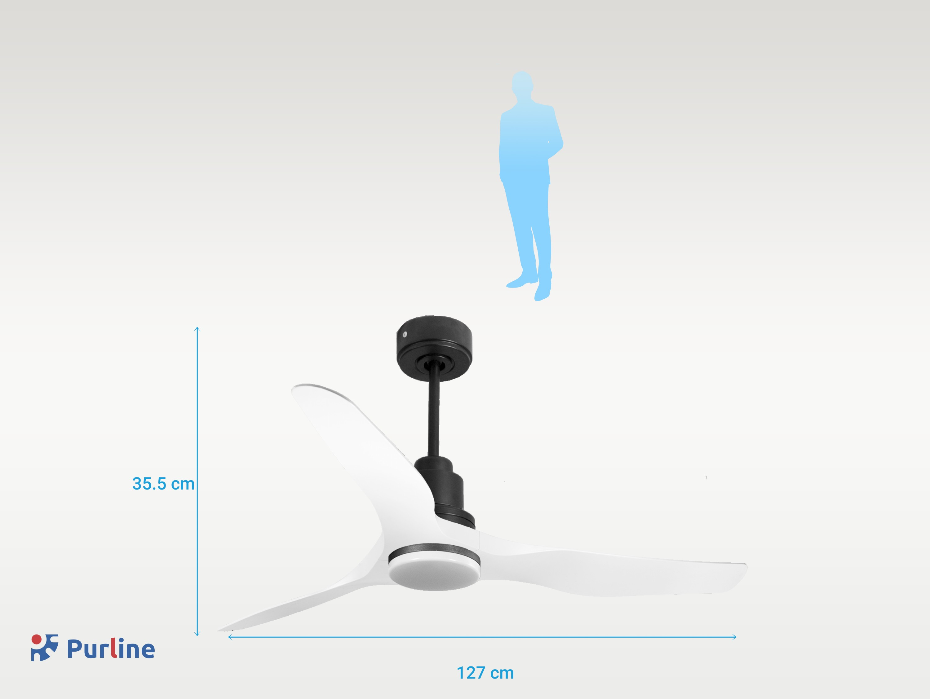 Ventilador de techo con motor negro y aspas blancas, dimensiones mostradas. Silueta azul de persona arriba.
