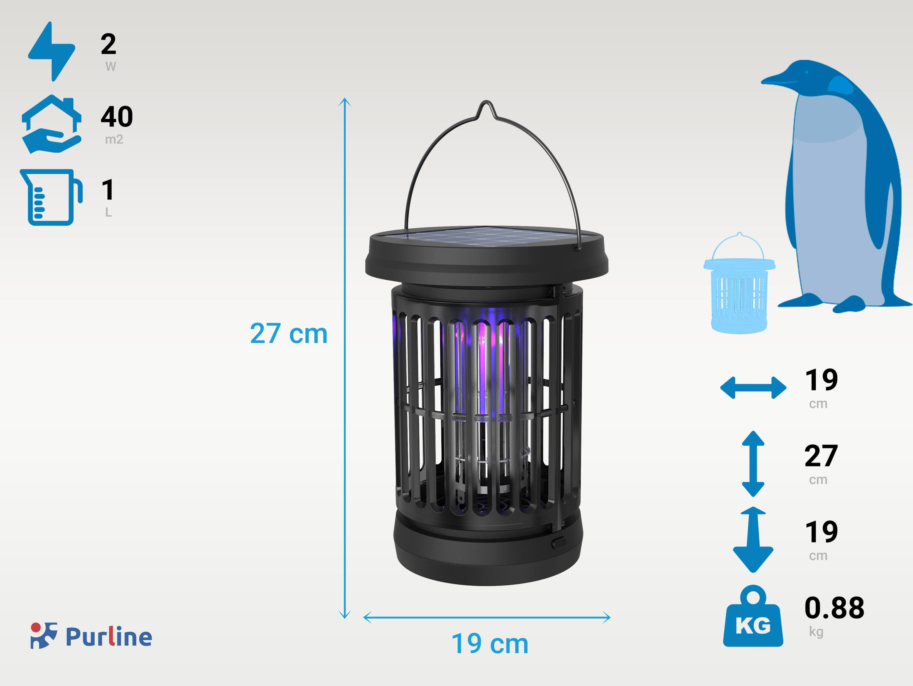 Una lámpara solar para mosquitos con asa, rodeada por un pingüino y dimensiones.