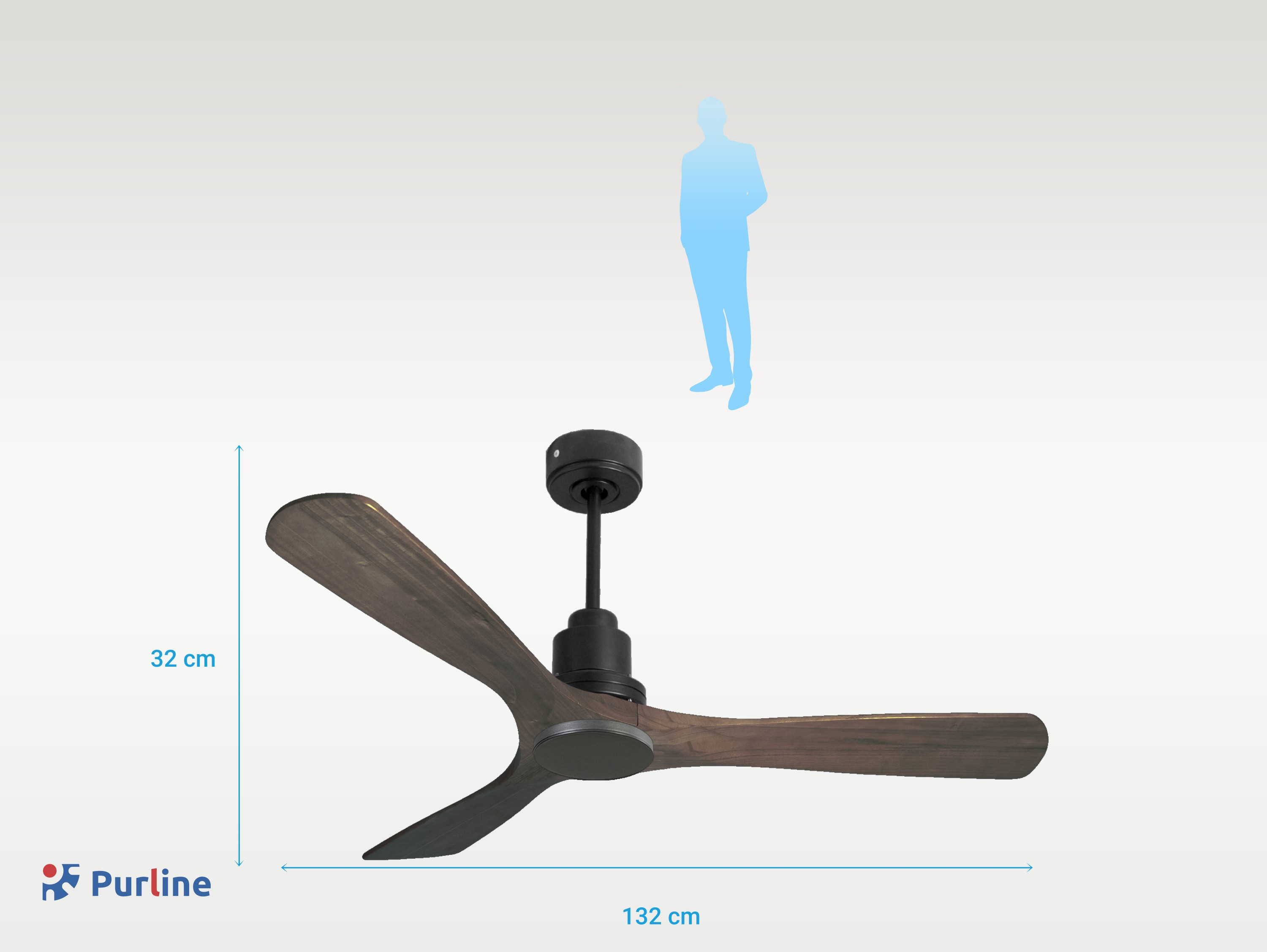 Ventilador de techo con tres aspas de madera oscura y un motor negro. Se muestran las dimensiones. Una silueta azul está arriba.