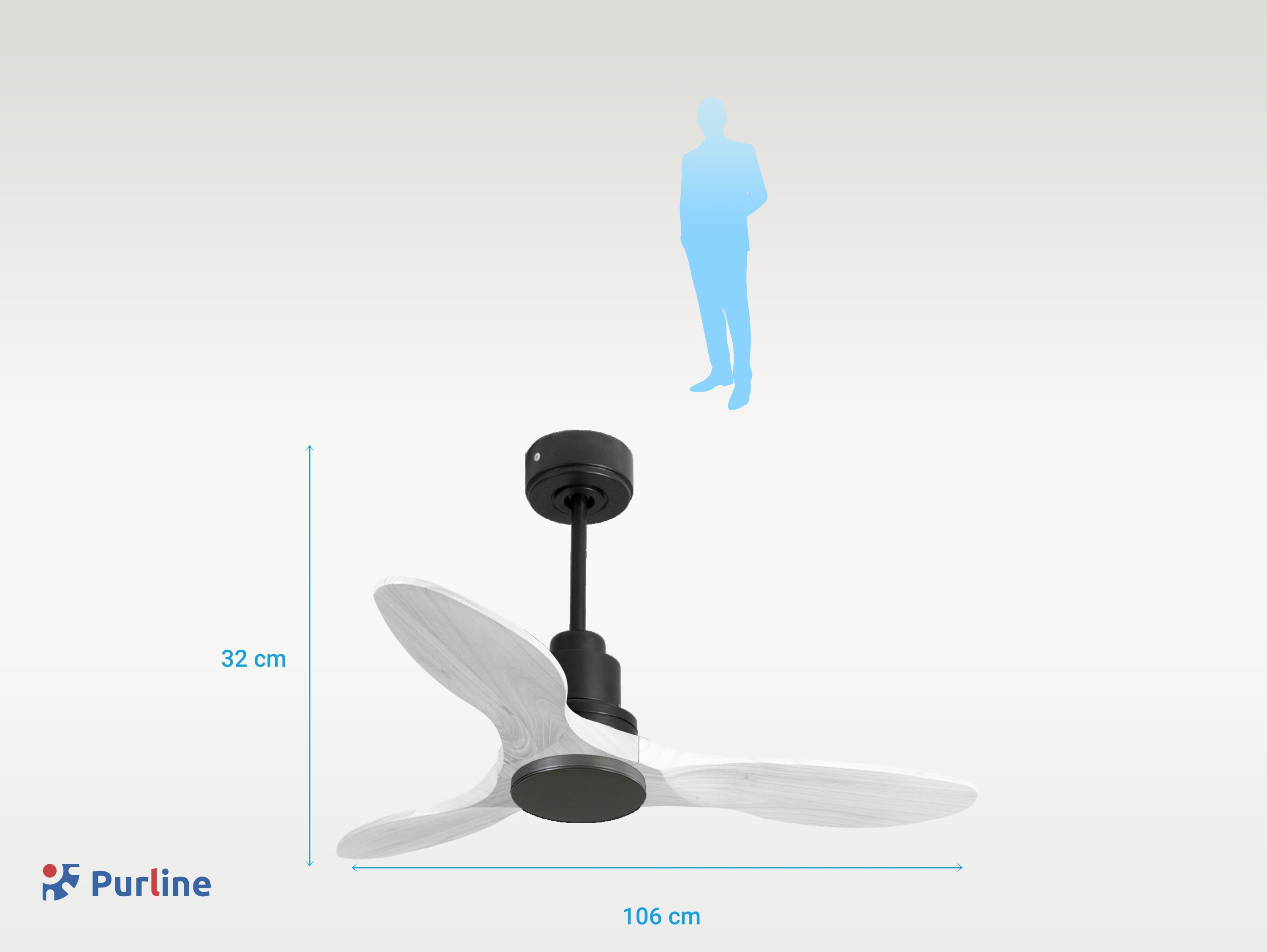 Ventilador de techo con tres aspas de madera clara y un motor negro. Se muestran las dimensiones. Una silueta azul está arriba.