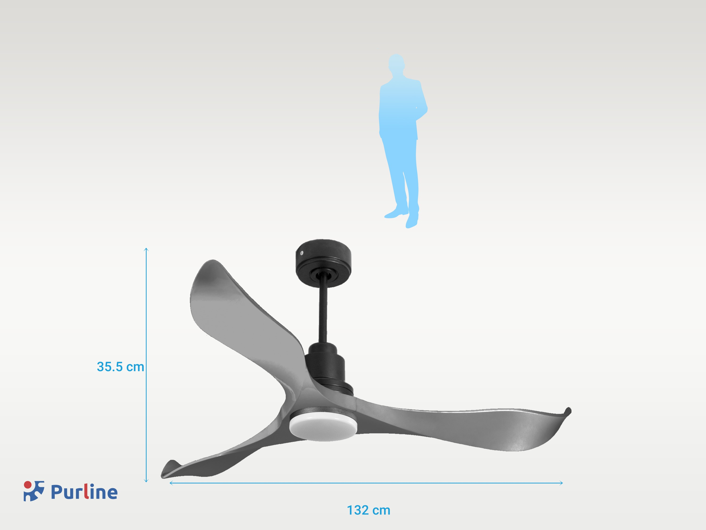 Ventilador de techo con tres aspas grises y un motor negro. Se muestran las dimensiones. Una silueta azul está arriba.