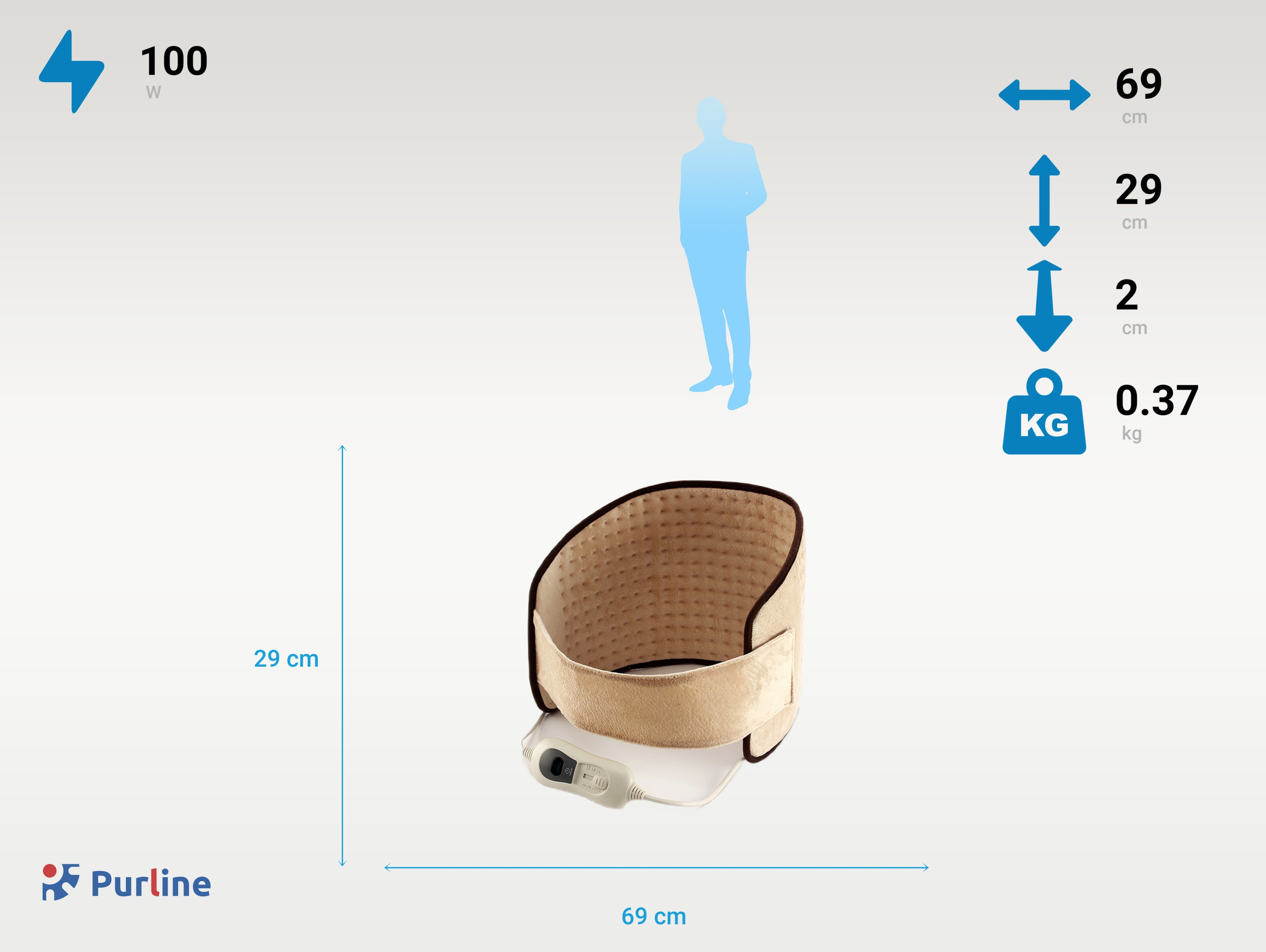 Una almohadilla térmica beige con control. Dimensiones y una figura azul en la imagen.