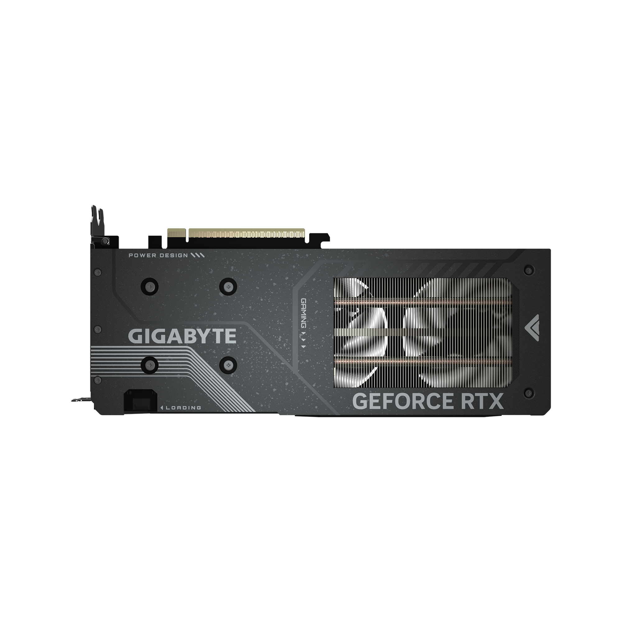 Karta graficzna Gigabyte GeForce RTX, widok z tyłu. Jest czarna z logo Gigabyte i GeForce RTX.