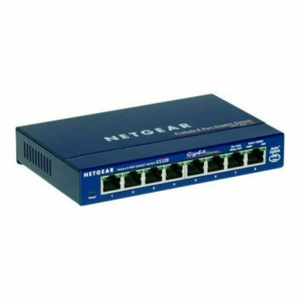 Niebieski przełącznik Ethernet Gigabit Netgear 8-portowy. Ma osiem portów i kontrolki.