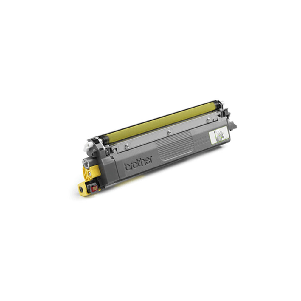 Brother toner cartridge with yellow and gray accents. The cartridge is cylindrical.
