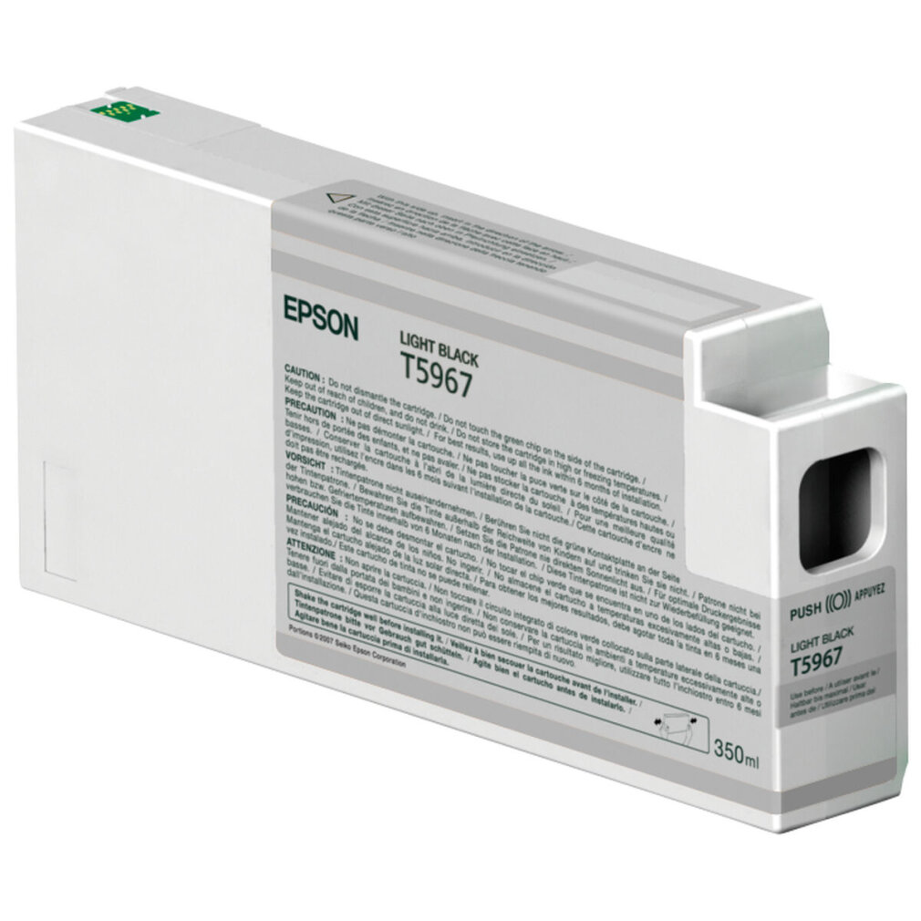 Epson Light Black T5967 inktcartridge. Wit met zwarte tekst en een waarschuwingslabel.