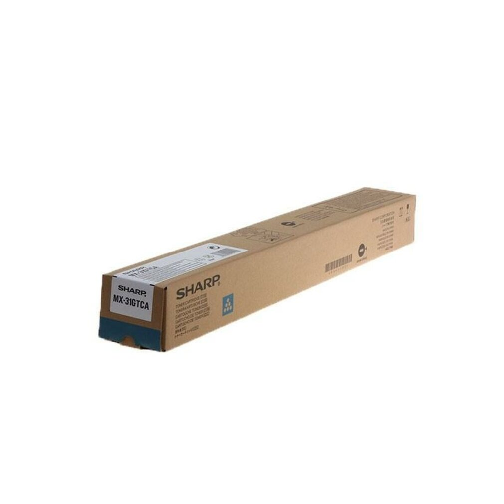 Una cartuccia toner Sharp MX-31GTCA in una scatola marrone. La scatola è rettangolare, con il marchio Sharp e informazioni sul prodotto.