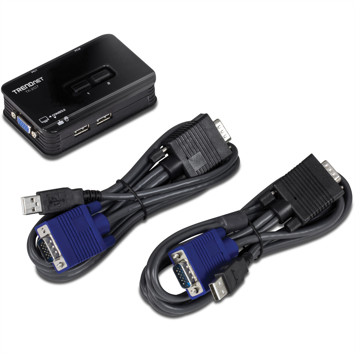 Een zwarte TRENDnet TK-207 KVM-switch met kabels en connectoren. USB en VGA.