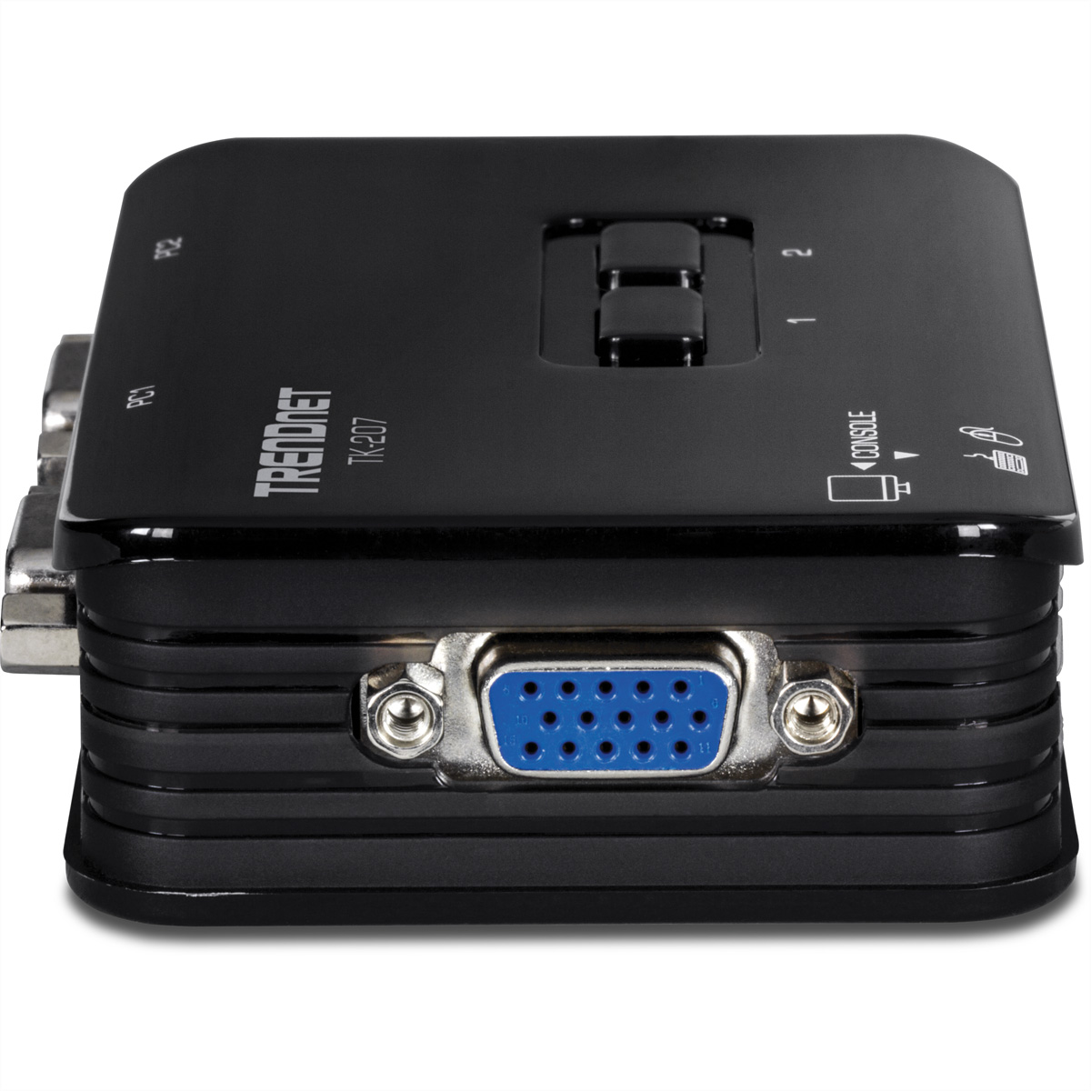 Zwarte TRENDnet TK-207 KVM-switch met VGA-poorten en knoppen.