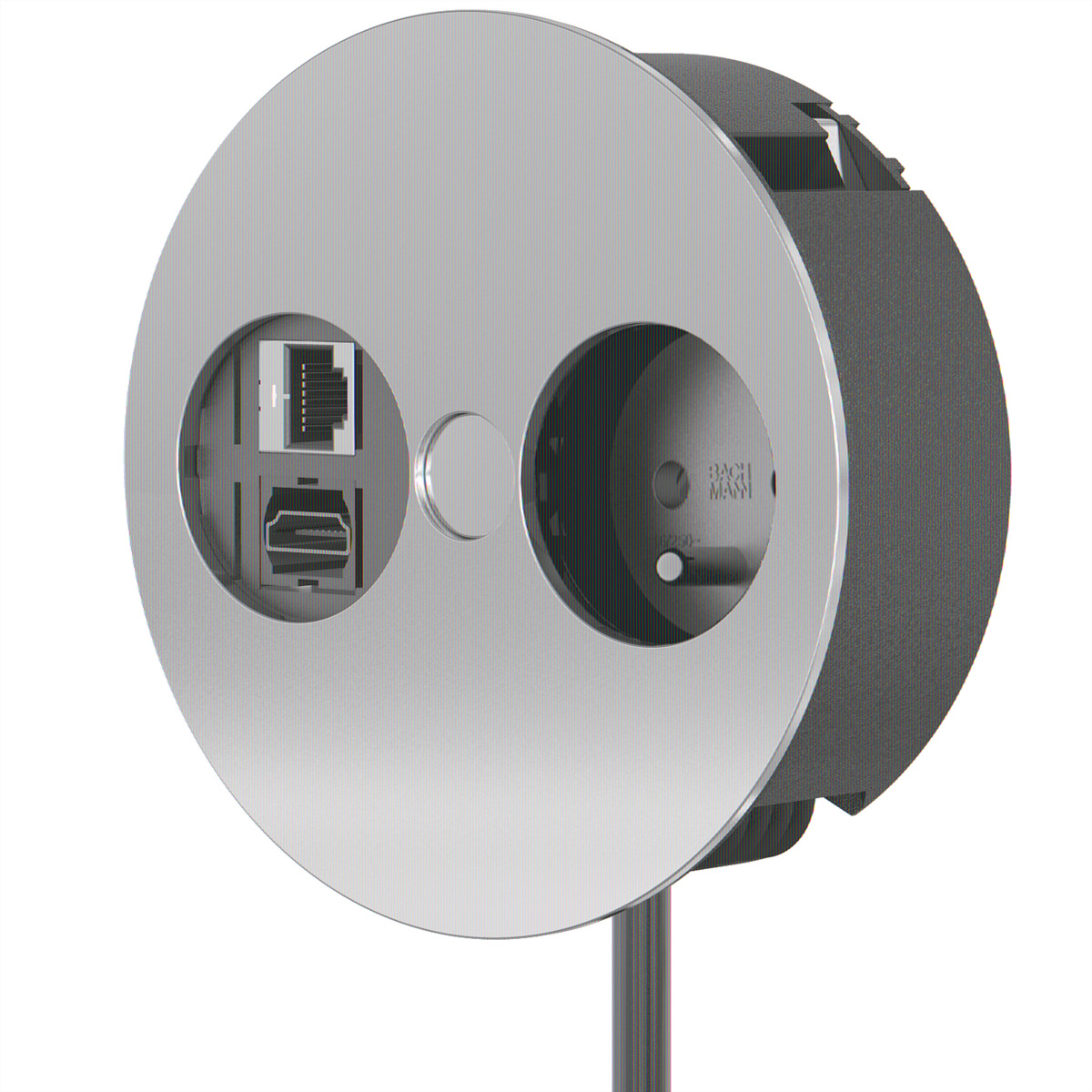 Una presa di corrente rotonda argentata con porta Ethernet, porta HDMI e presa.