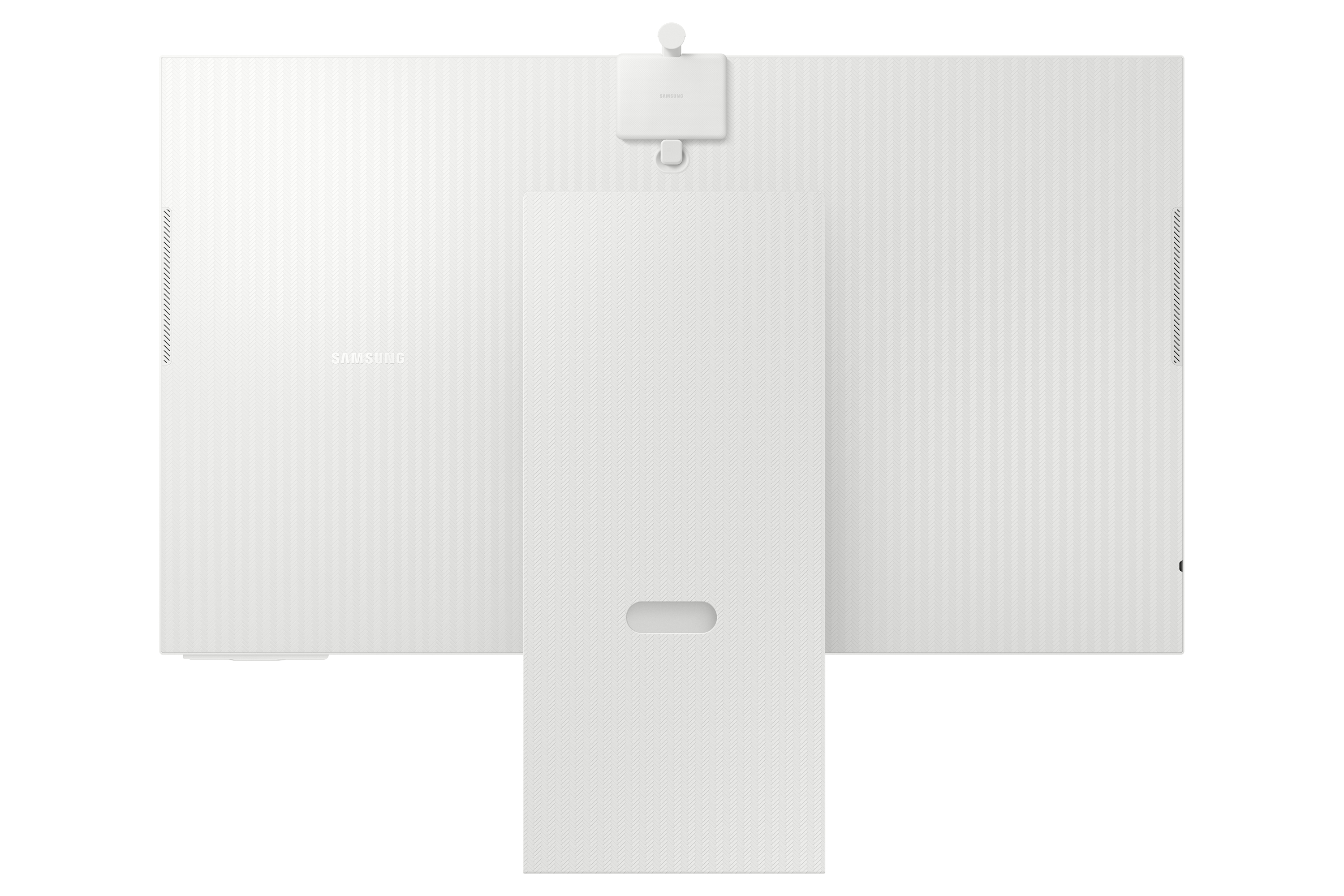 Widok z tyłu białego monitora Samsung Smart z kamerą internetową, pokazujący teksturowany tył i centralną podstawę.