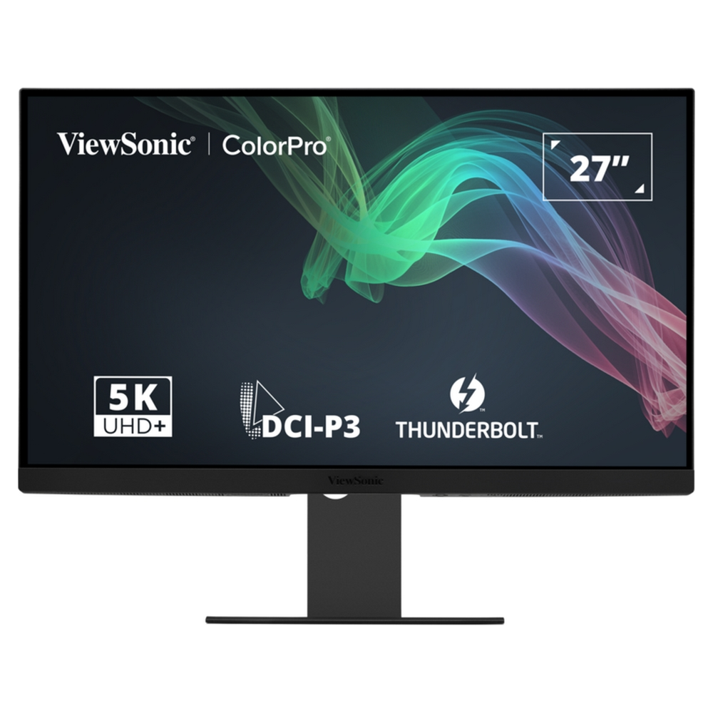 Czarny monitor ViewSonic z 27-calowym ekranem, 5K UHD+, DCI-P3 i Thunderbolt, z kolorowym tłem.