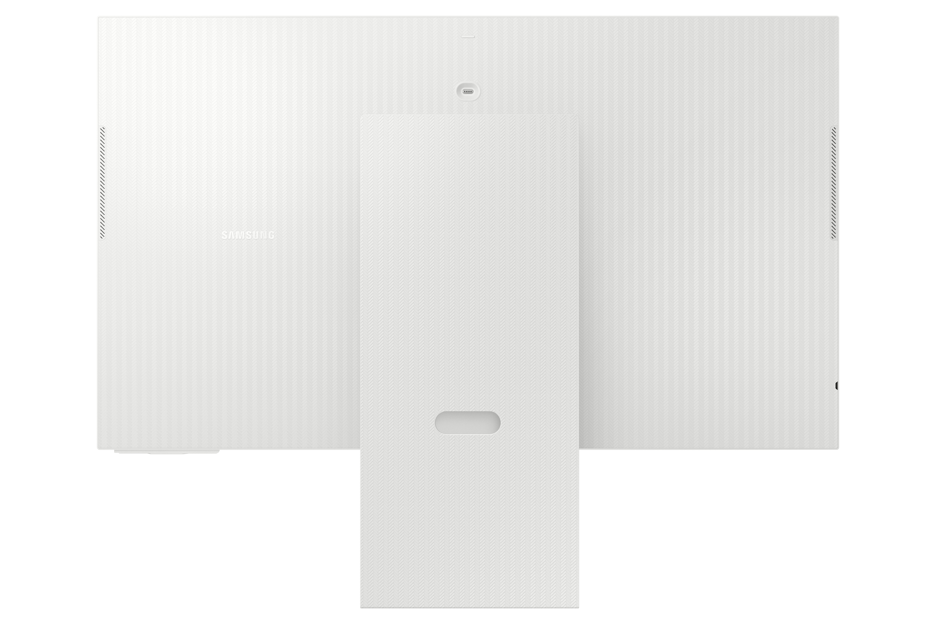 Widok z tyłu białego monitora Samsung Smart z kamerą internetową, pokazujący teksturowany tył i centralną podstawę.