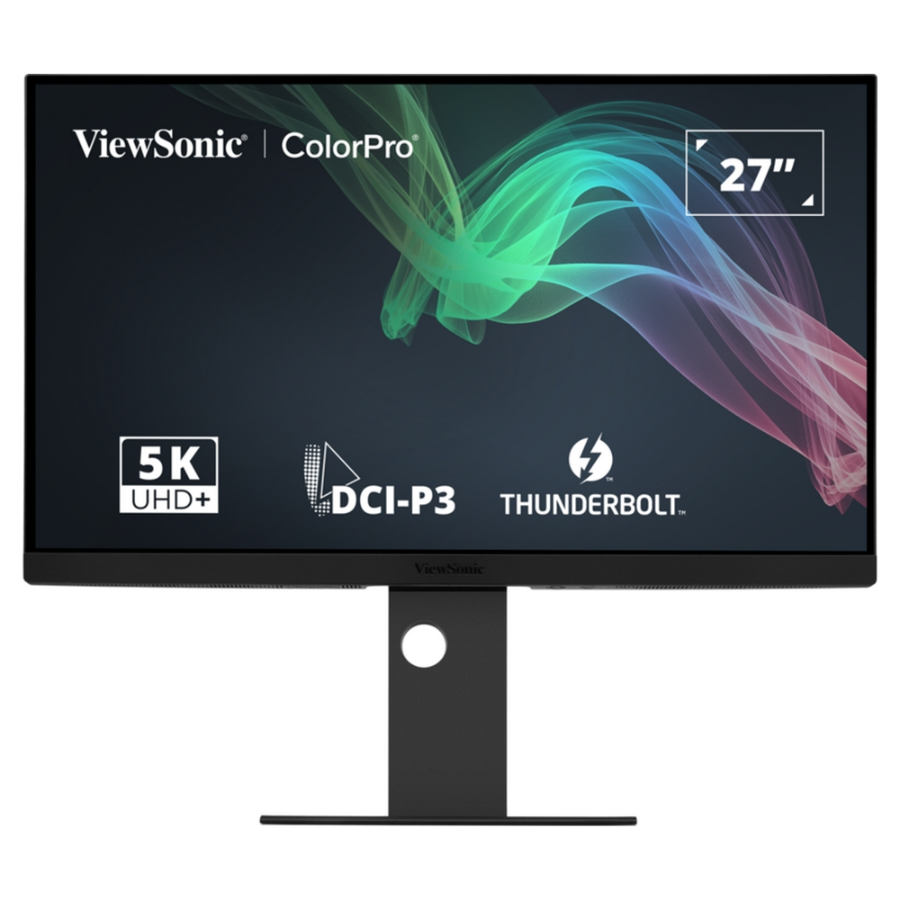 27-calowy monitor ViewSonic ColorPro z czarną ramką i podstawą, prezentujący grafikę i specyfikacje.
