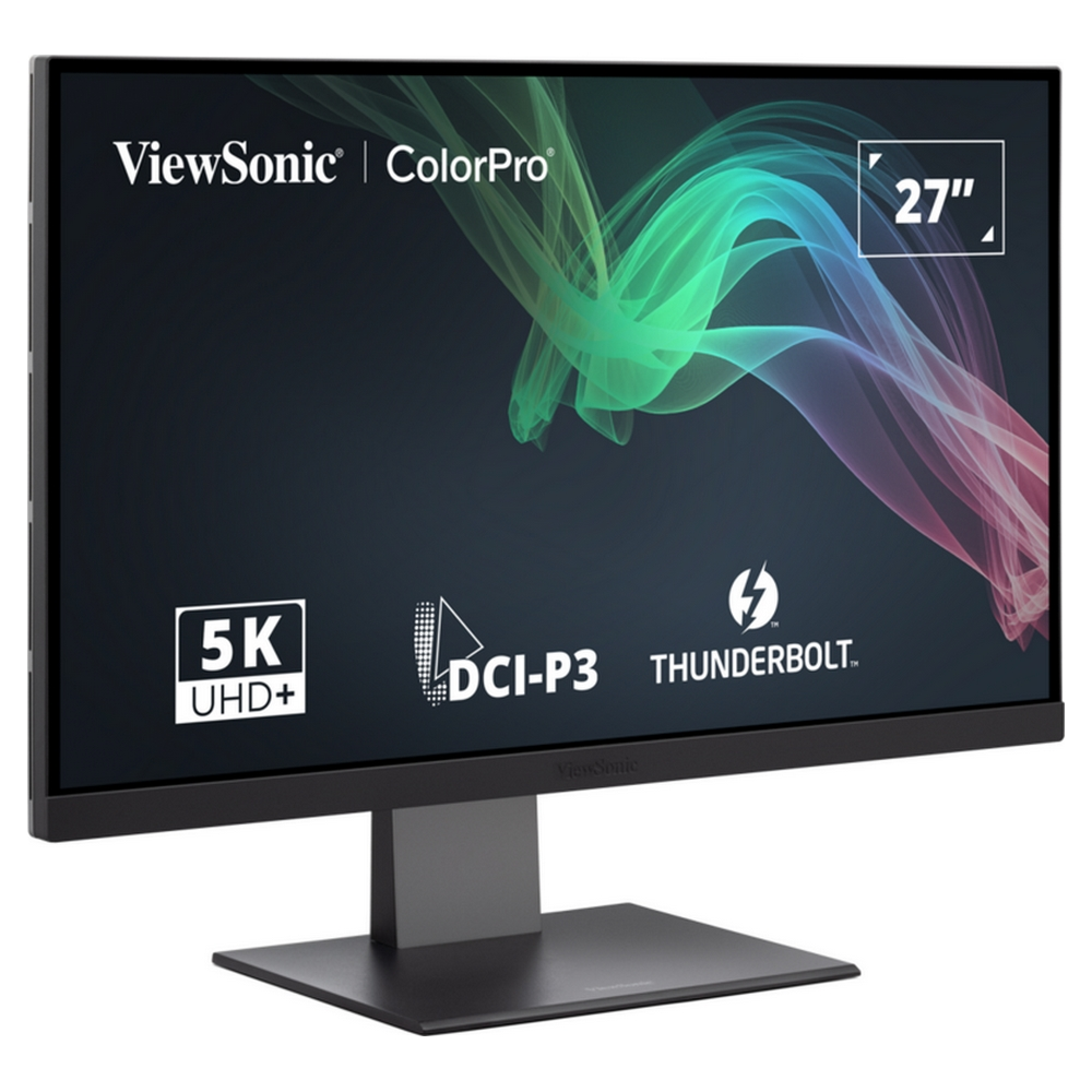 27-calowy monitor ViewSonic ColorPro z czarną ramką i podstawą, prezentujący grafikę i specyfikacje.