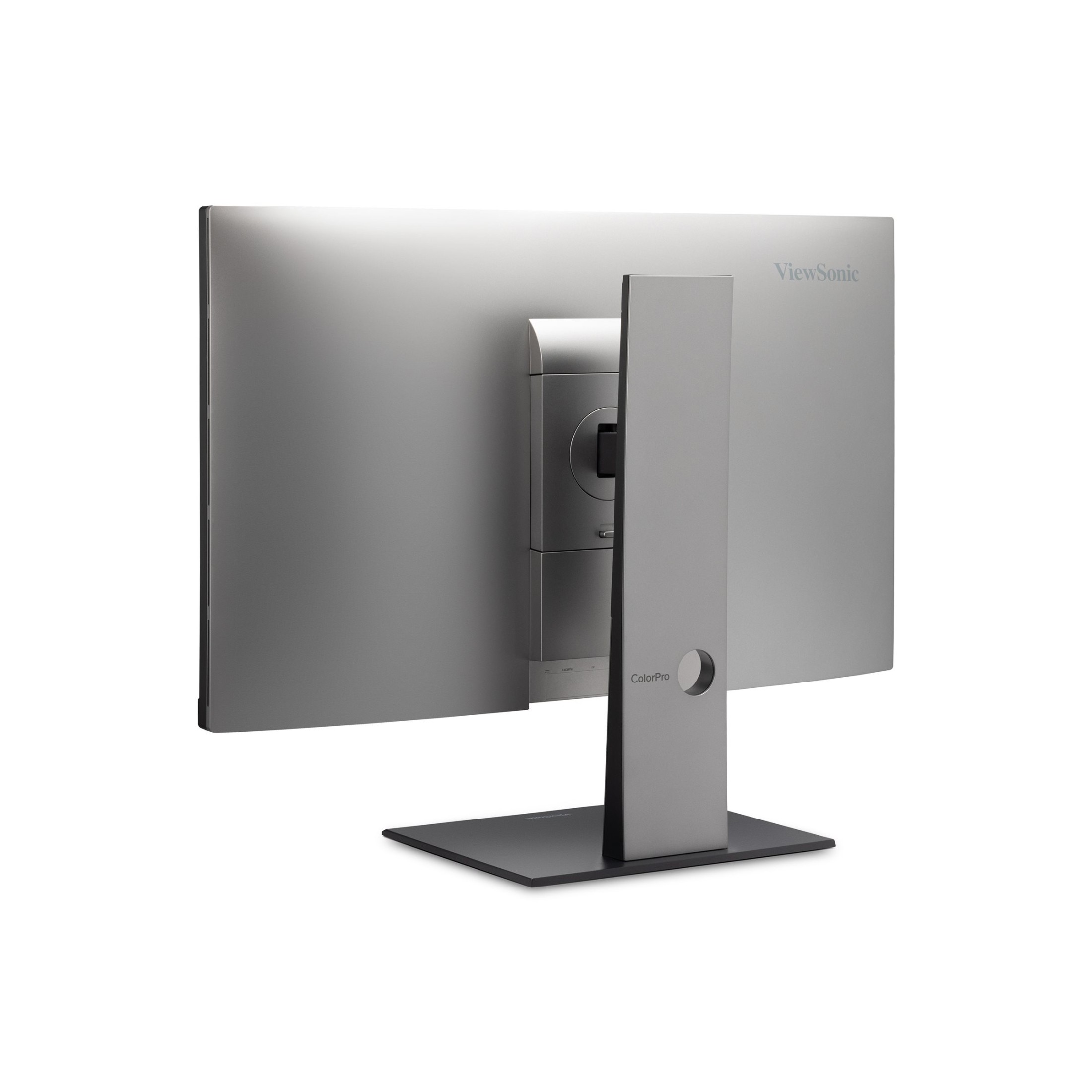 Widok z tyłu srebrnego monitora z czarną podstawą i stojakiem, z logo ViewSonic i ColorPro.