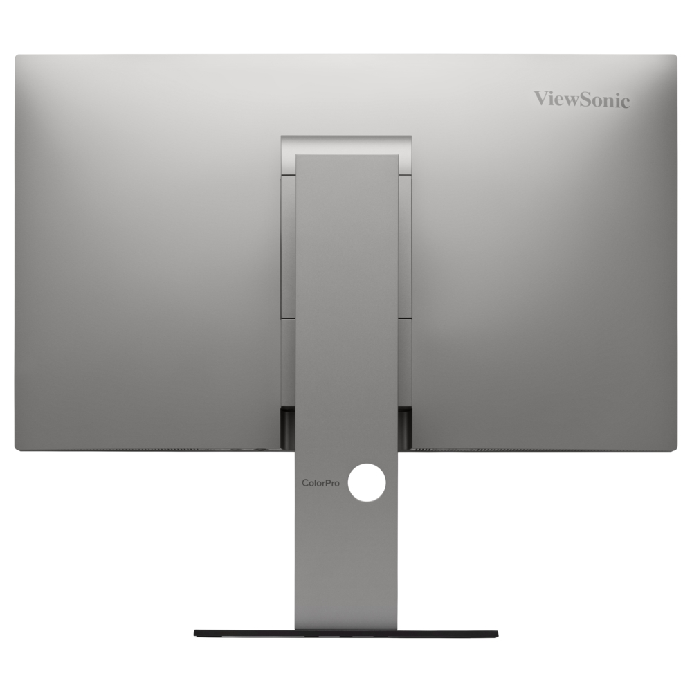 Widok z tyłu monitora ViewSonic ze srebrnym tyłem, czarną podstawą i logo ColorPro.