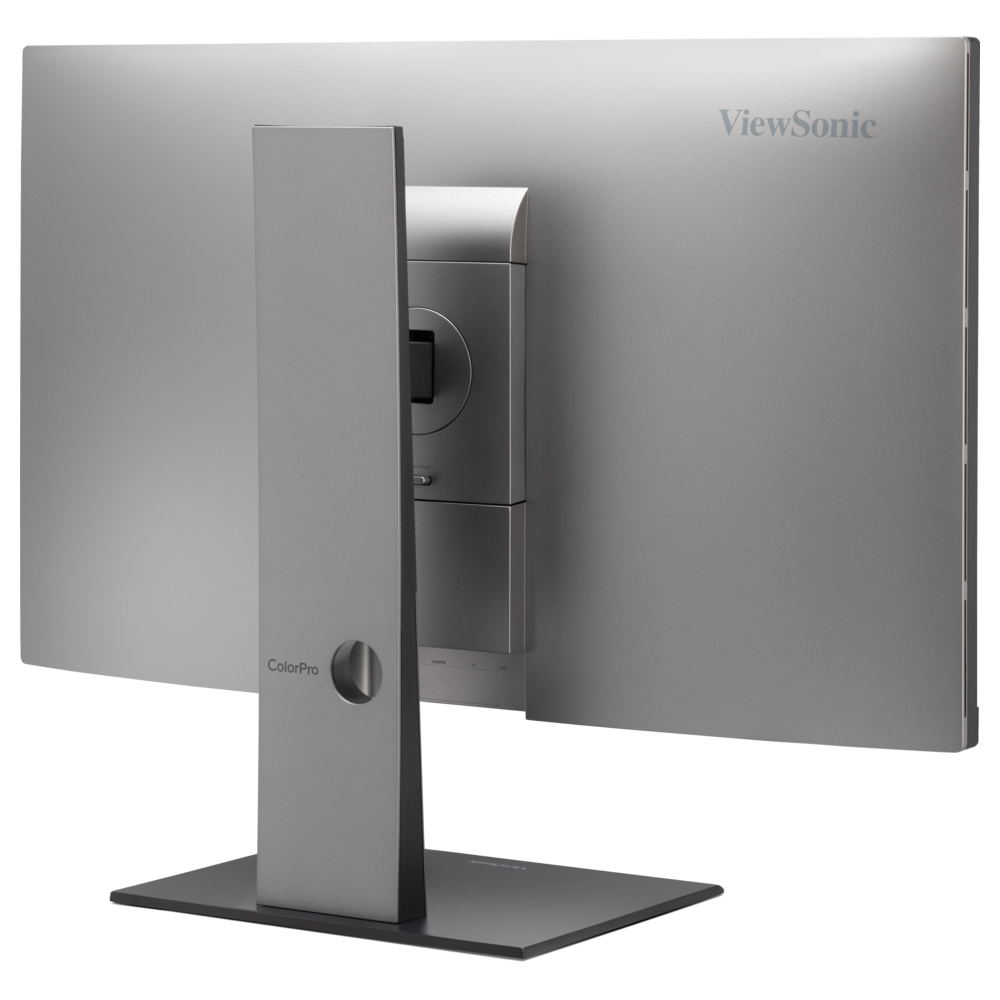 Widok z tyłu monitora ViewSonic w kolorze srebrnym, pokazujący podstawę i porty. Podstawa jest czarna.