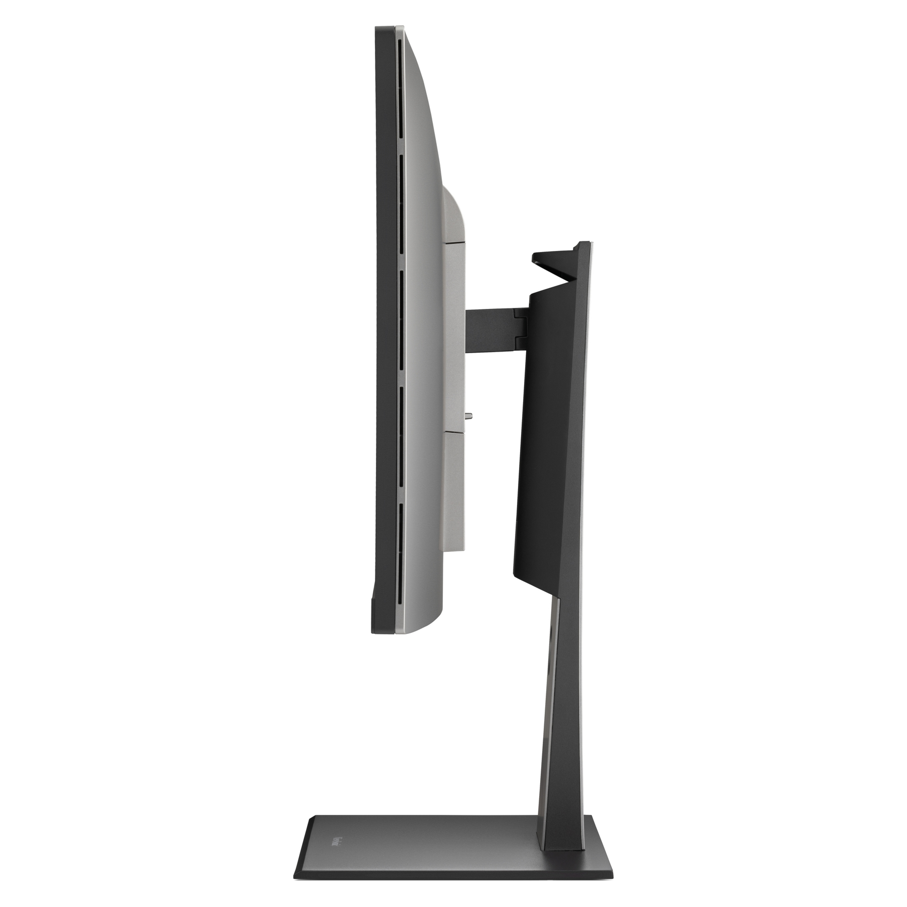 Widok z boku monitora pokazujący srebrny tył, czarną podstawę i logo ViewSonic.