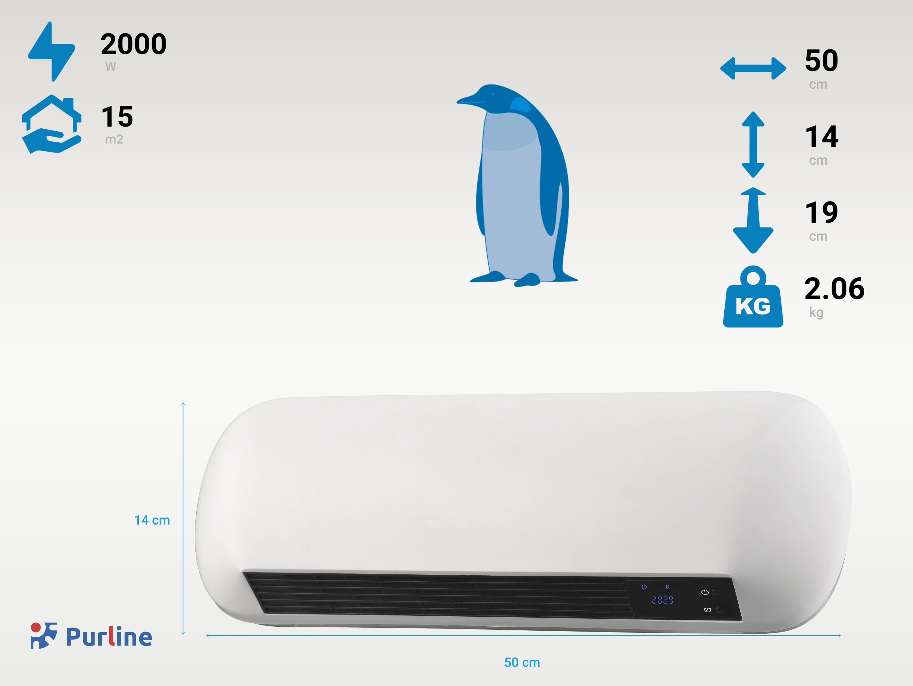Calentador blanco con pantalla digital, dimensiones y gráfico de pingüino. Logo Purline.