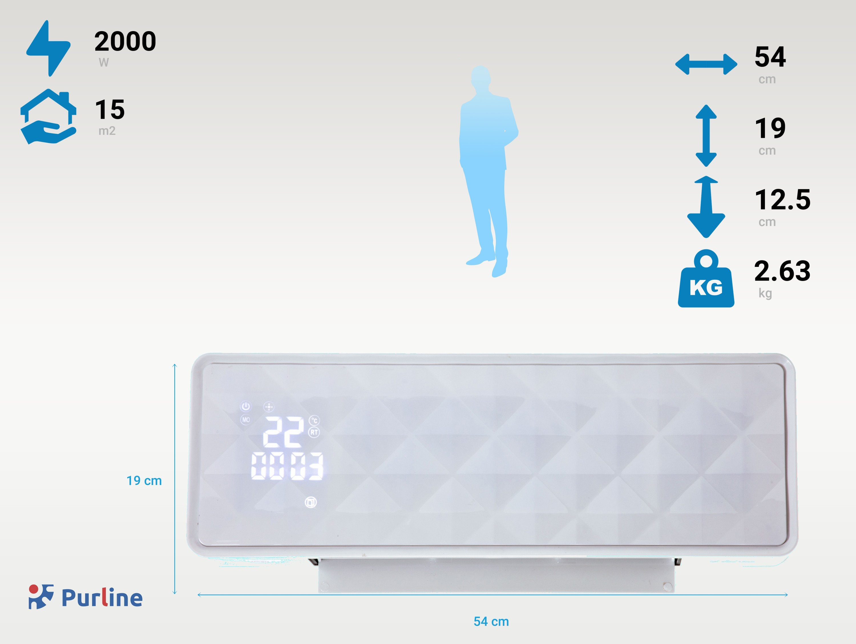 Biały grzejnik z wyświetlaczem cyfrowym, wymiarami i wzorem kratki. Logo Purline.