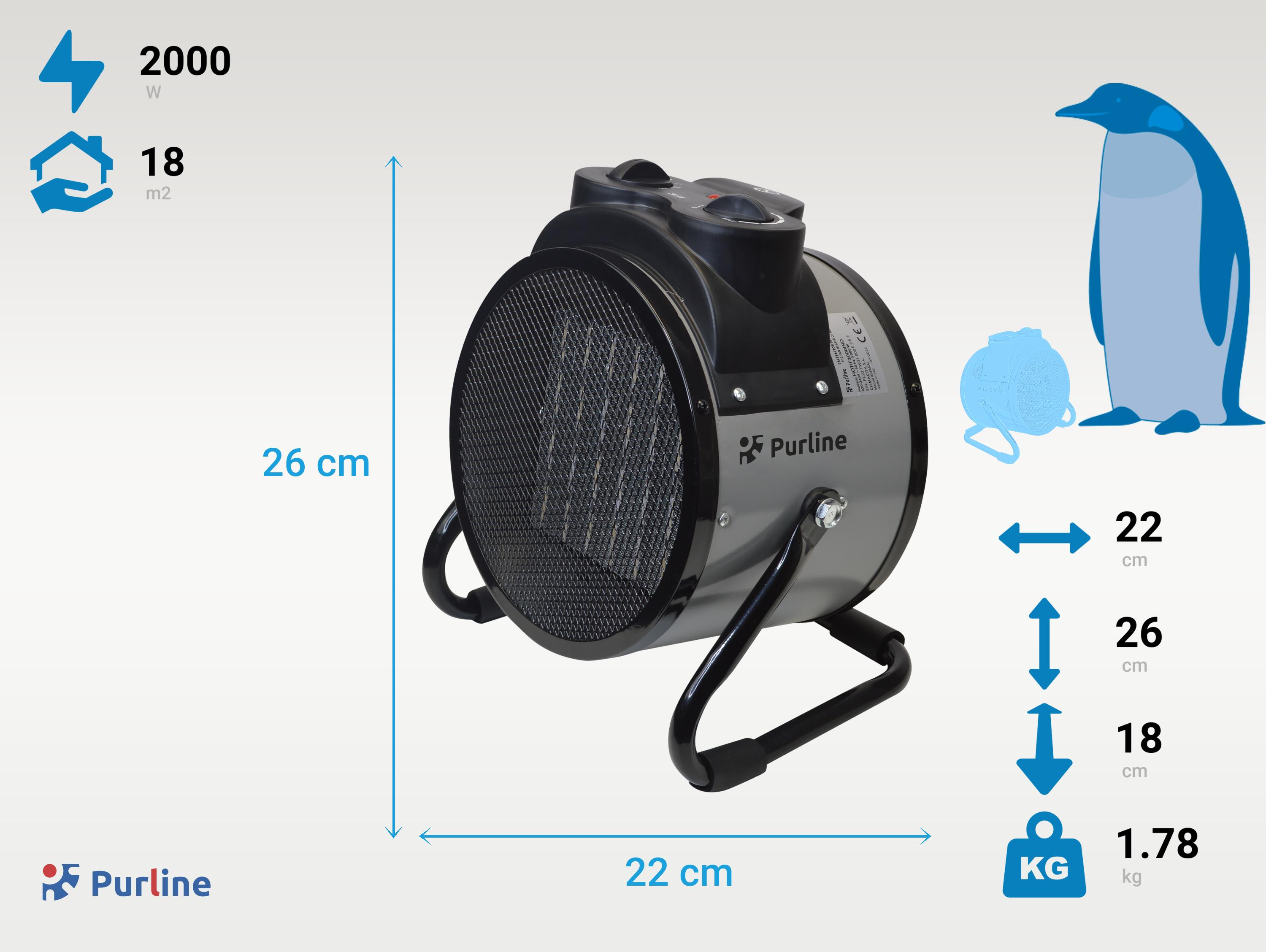 Calentador con ventilador gris y negro. Pingüino y dimensiones. Logo Purline visible.