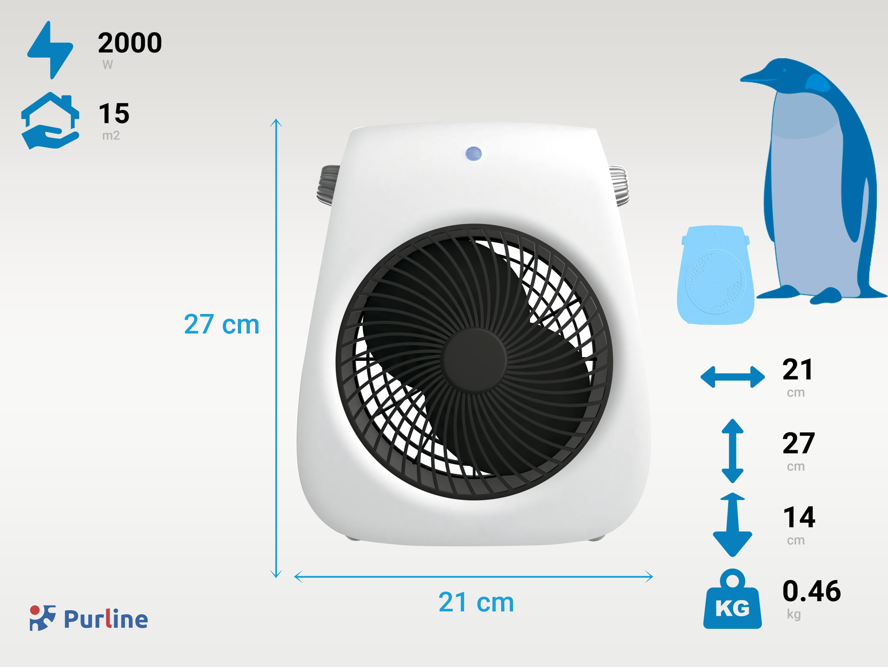 Calentador con ventilador blanco con rejilla negra, dimensiones, pingüino y datos técnicos.