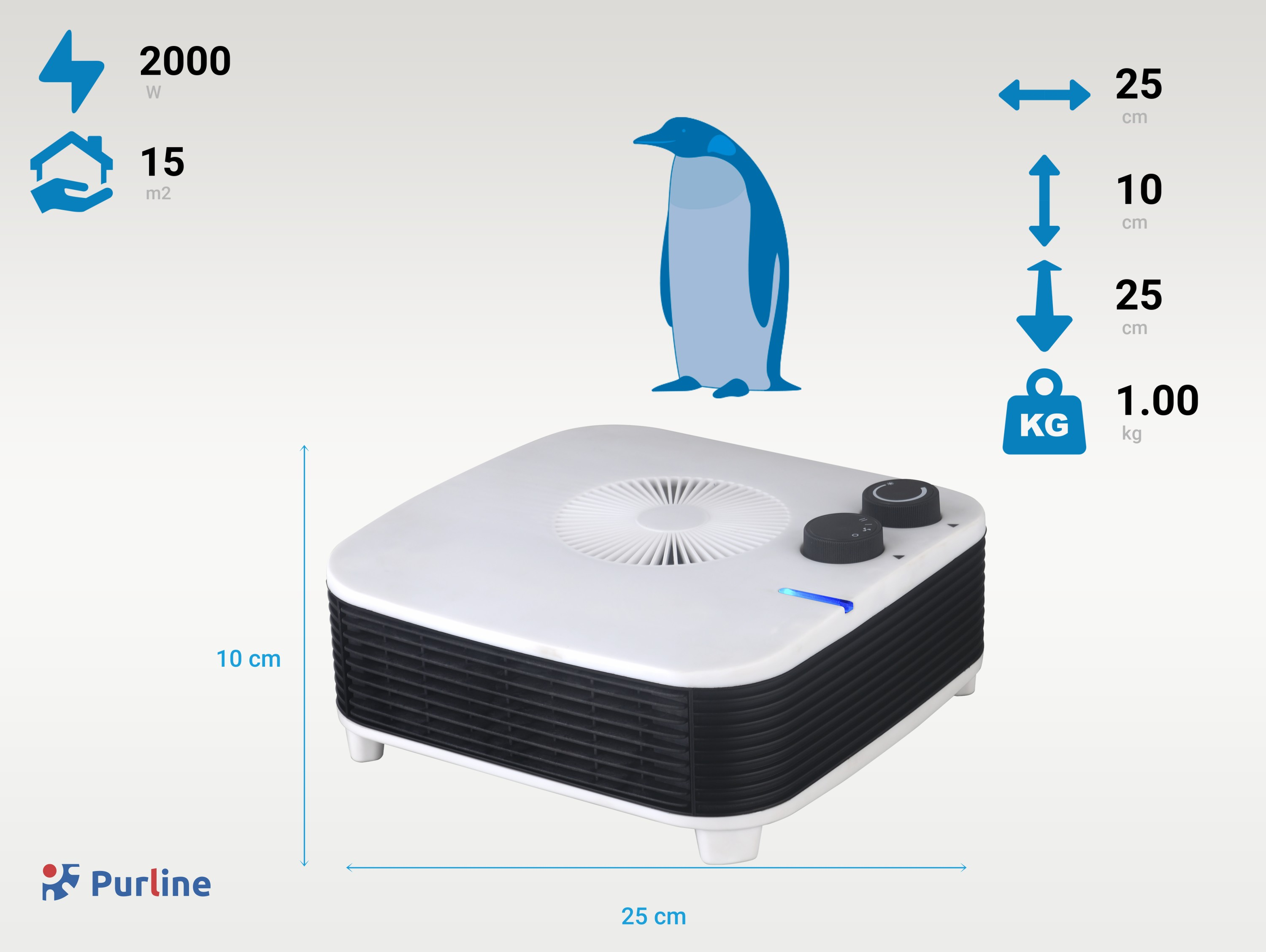 Calentador blanco y negro de forma cuadrada, dos perillas y una ilustración de pingüino. Se muestran dimensiones y especificaciones.