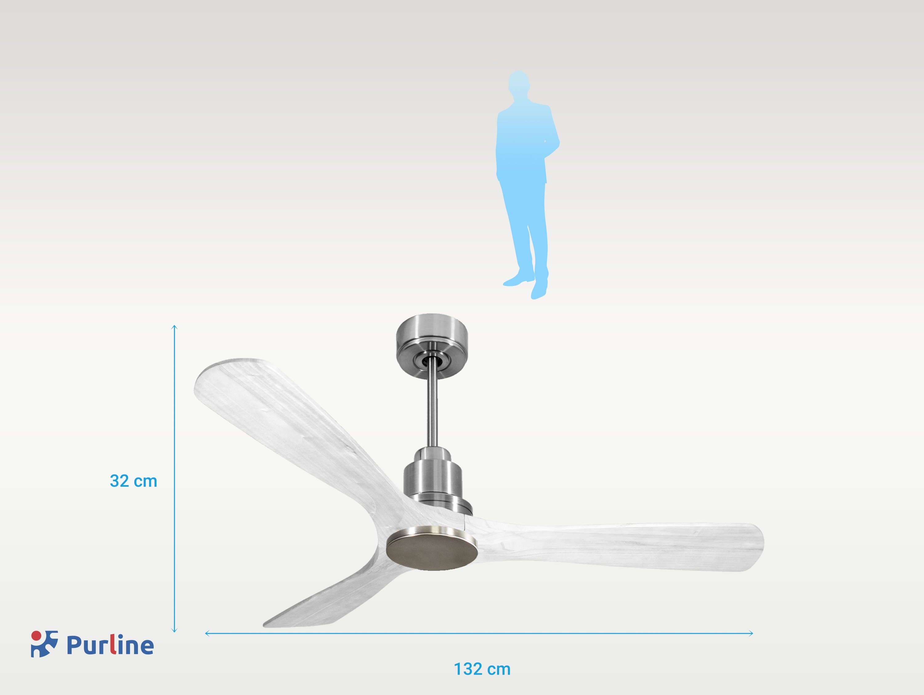 Ventilador de techo con aspas blancas, vástago plateado y silueta de persona pequeña.