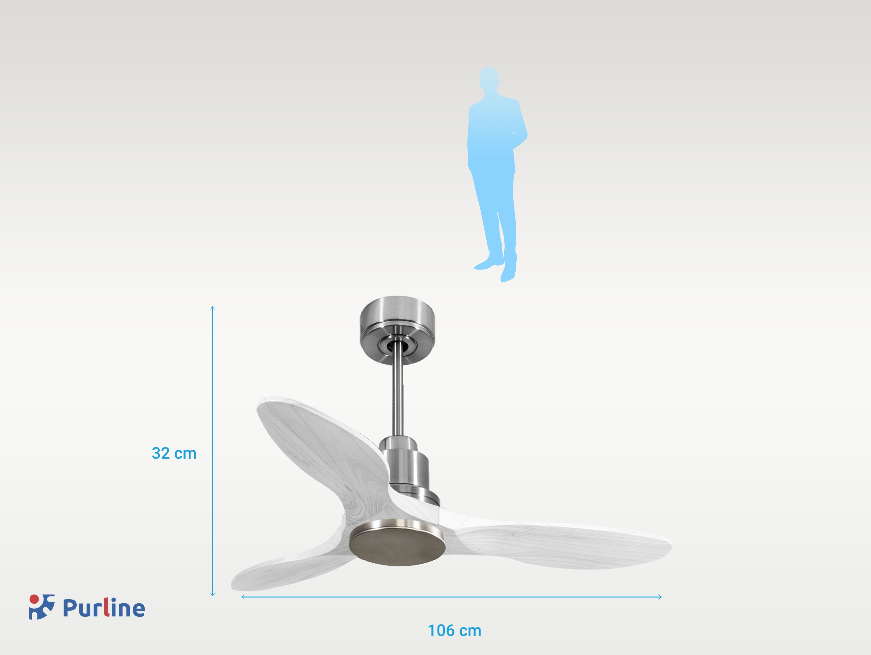 Ventilador de techo con aspas blancas, vástago plateado y silueta humana encima.