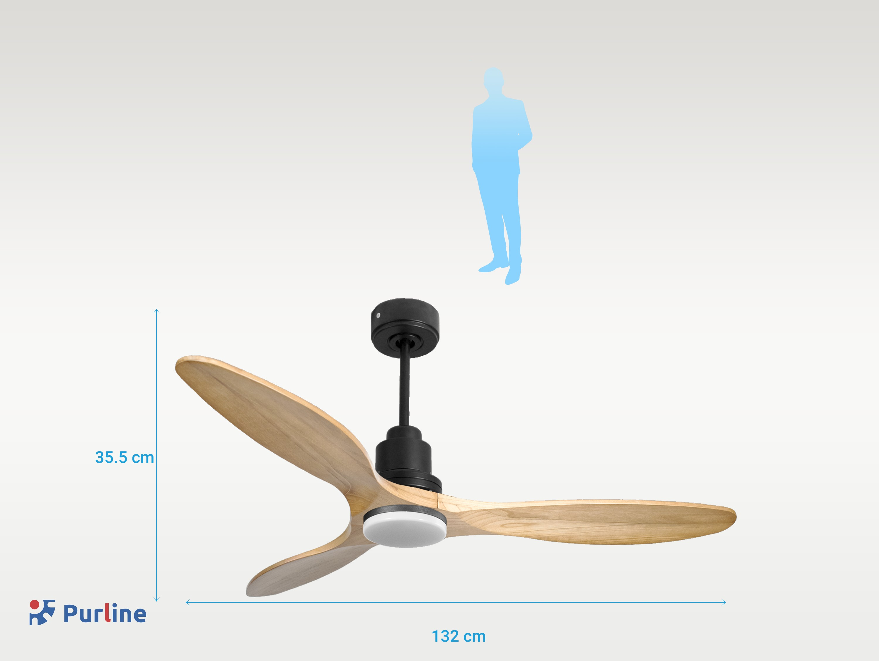 Ventilador de techo con aspas de madera clara, motor negro y una silueta azul de una persona encima.