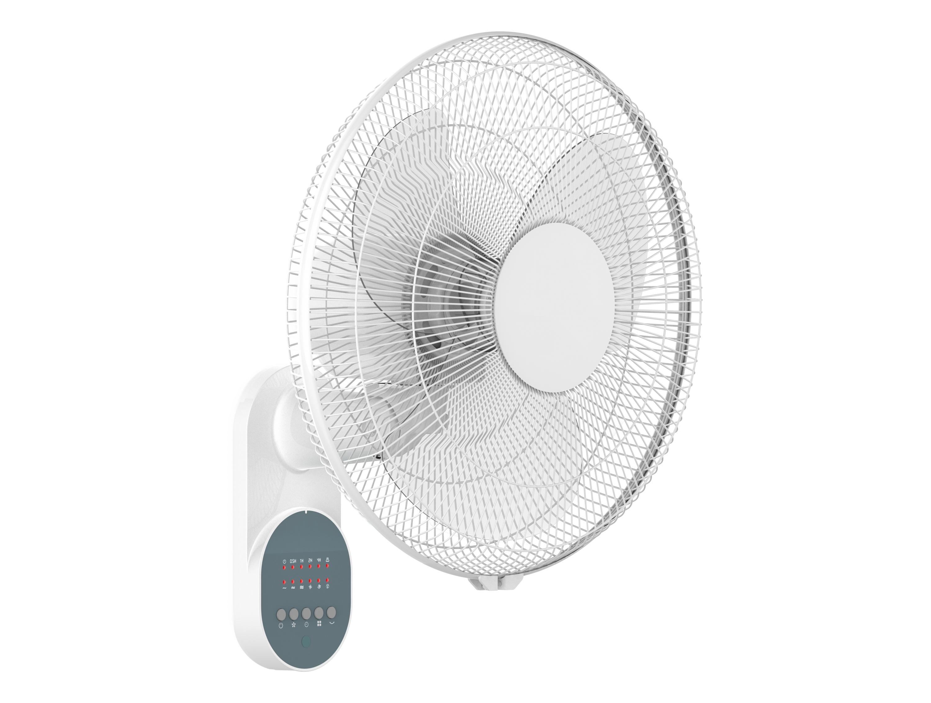 Ventilador blanco montado en la pared con panel de control a la izquierda. El ventilador tiene tres aspas y una rejilla protectora.