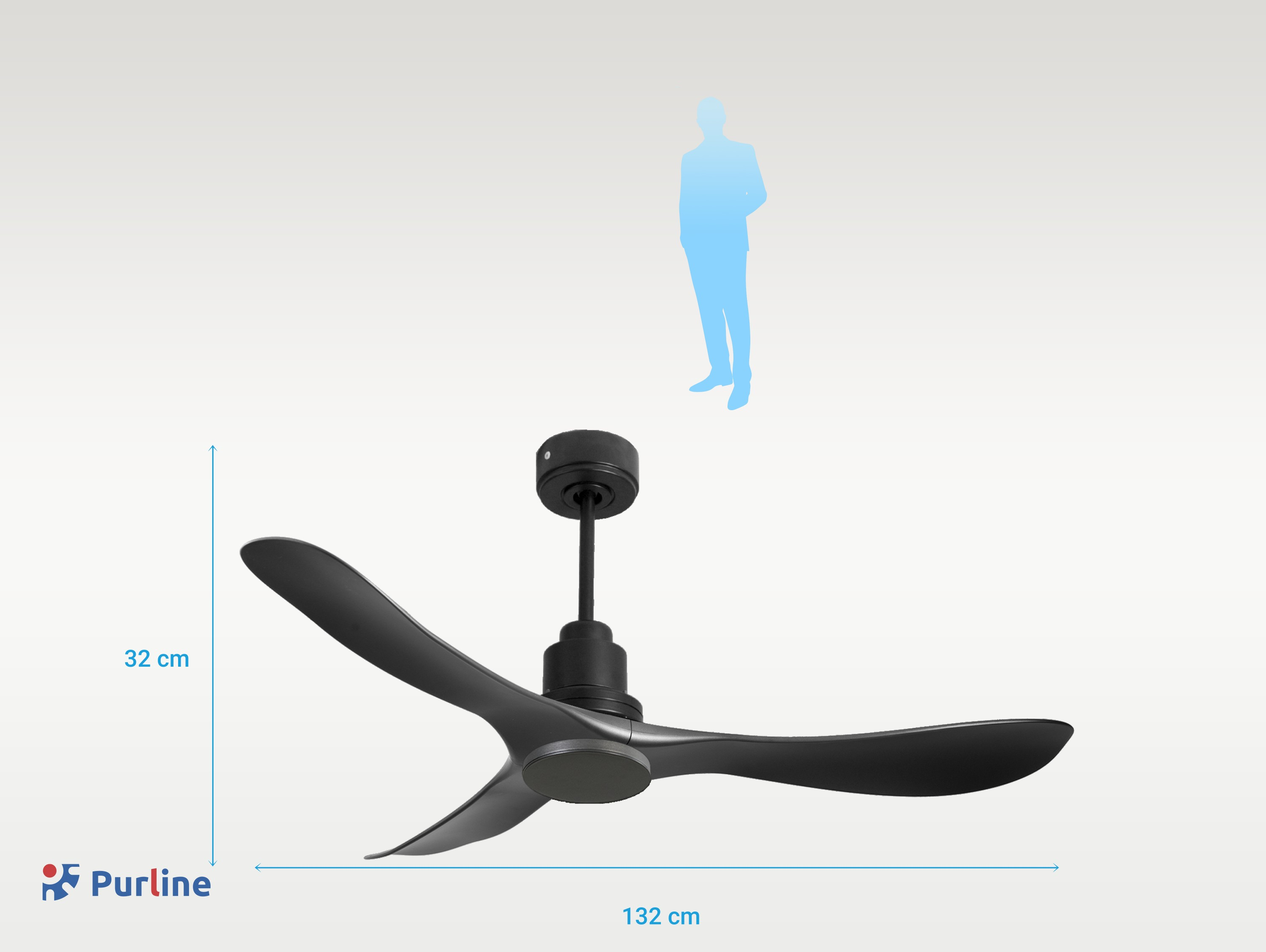 Un ventilador de techo negro con aspas negras y una silueta humana encima.