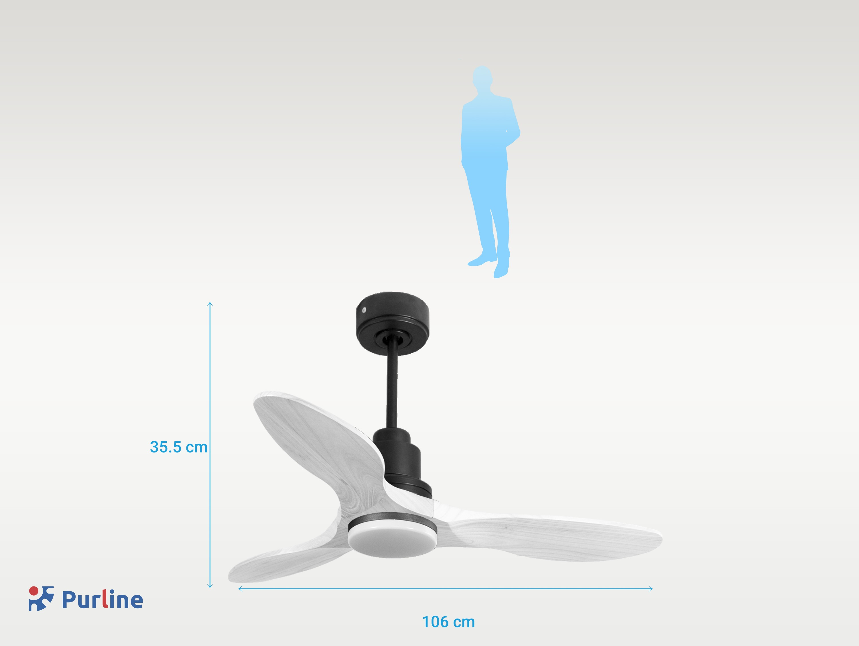 Ventilador de techo con aspas de madera blanca, motor negro y una silueta azul de una persona encima.