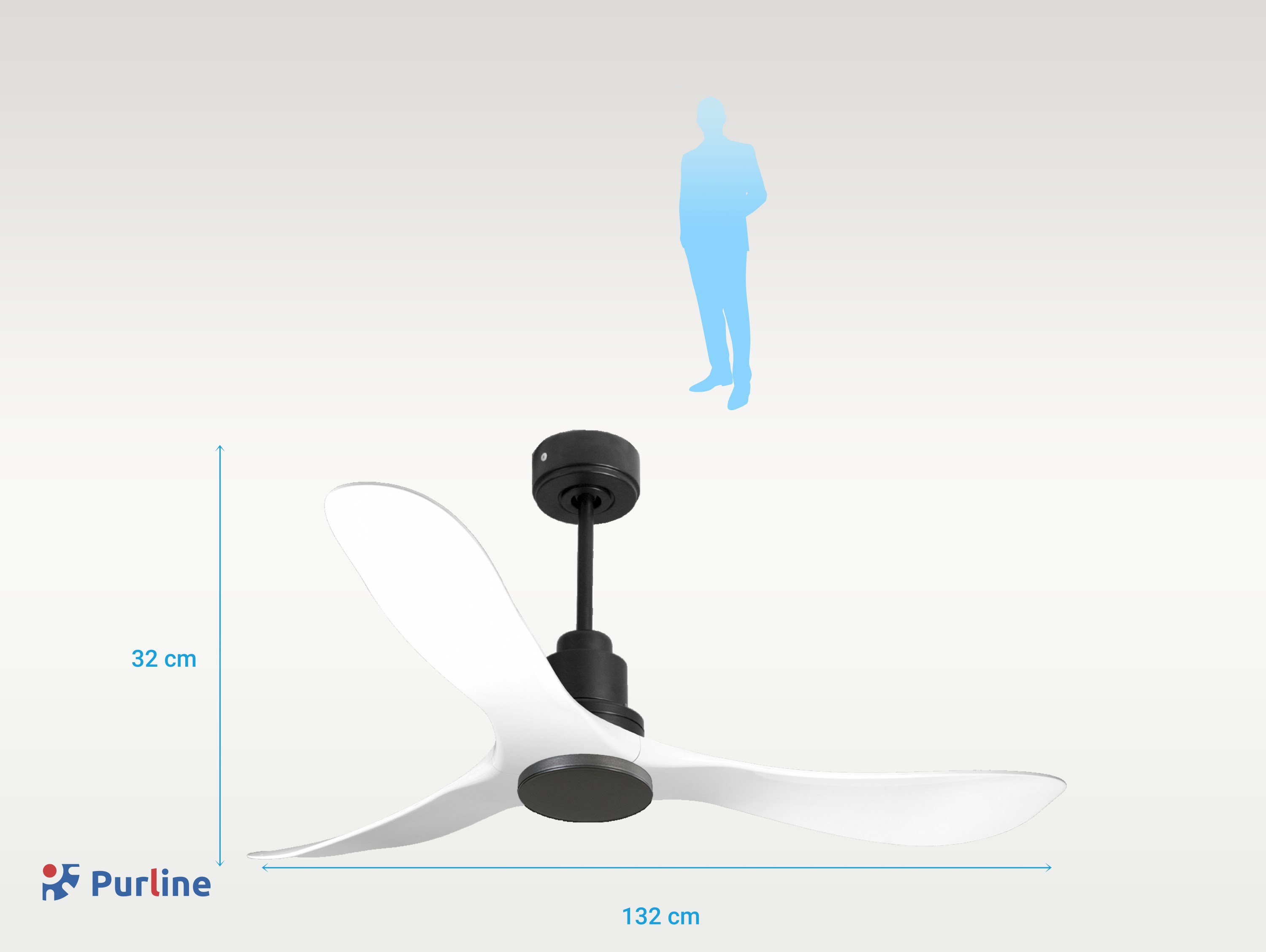 Un ventilador de techo blanco con vástago negro y silueta humana encima.
