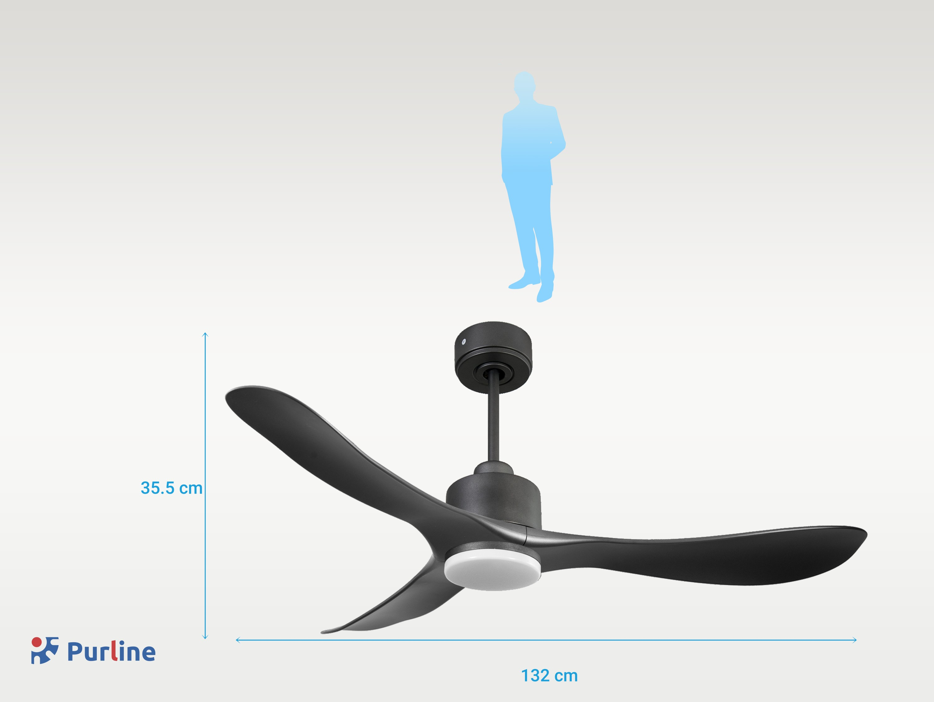 Ventilador de techo negro con tres aspas. Silueta de persona en el fondo.