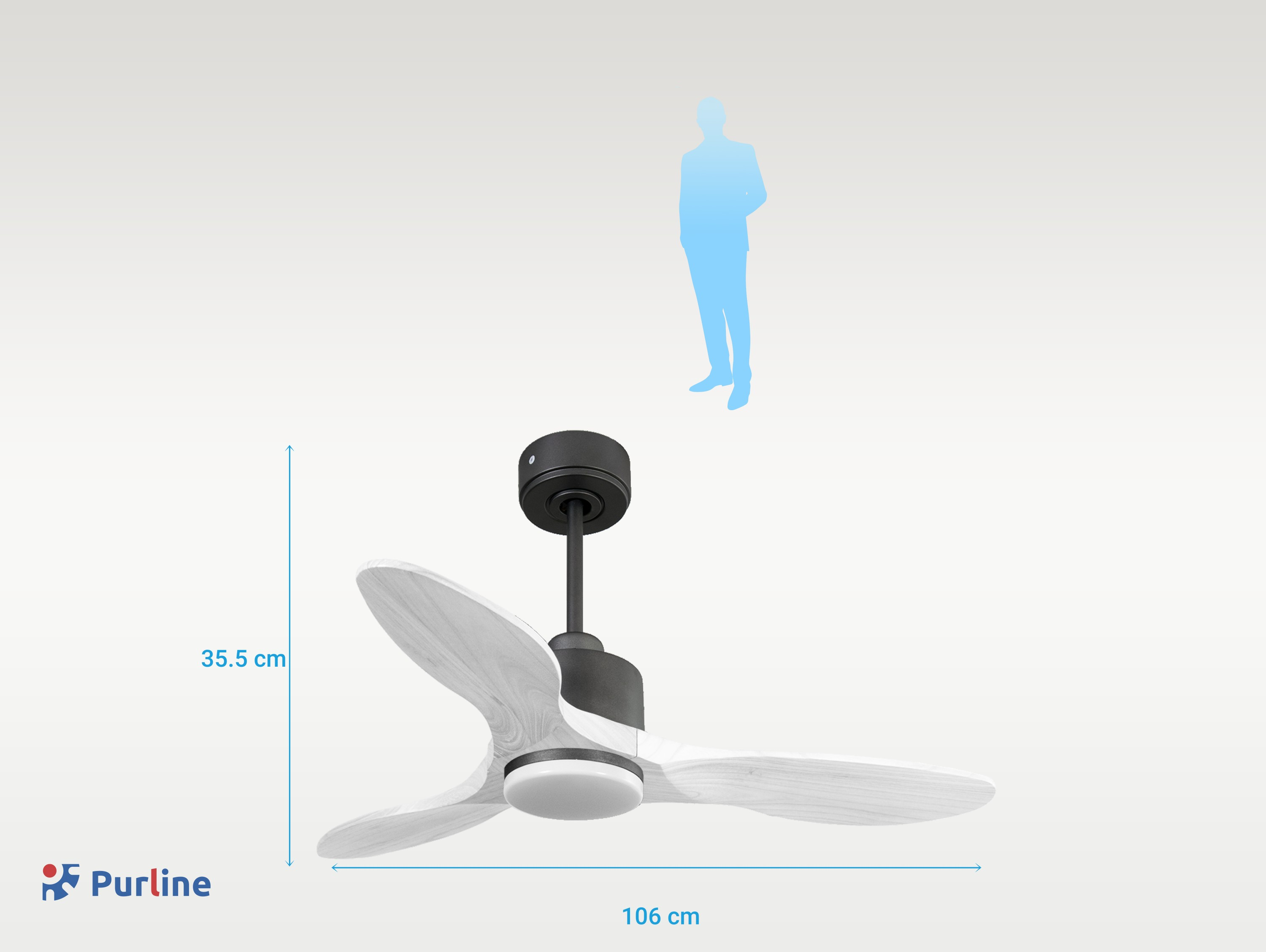 Ventilador de techo con aspas de madera blanca y centro negro. Silueta de persona arriba.