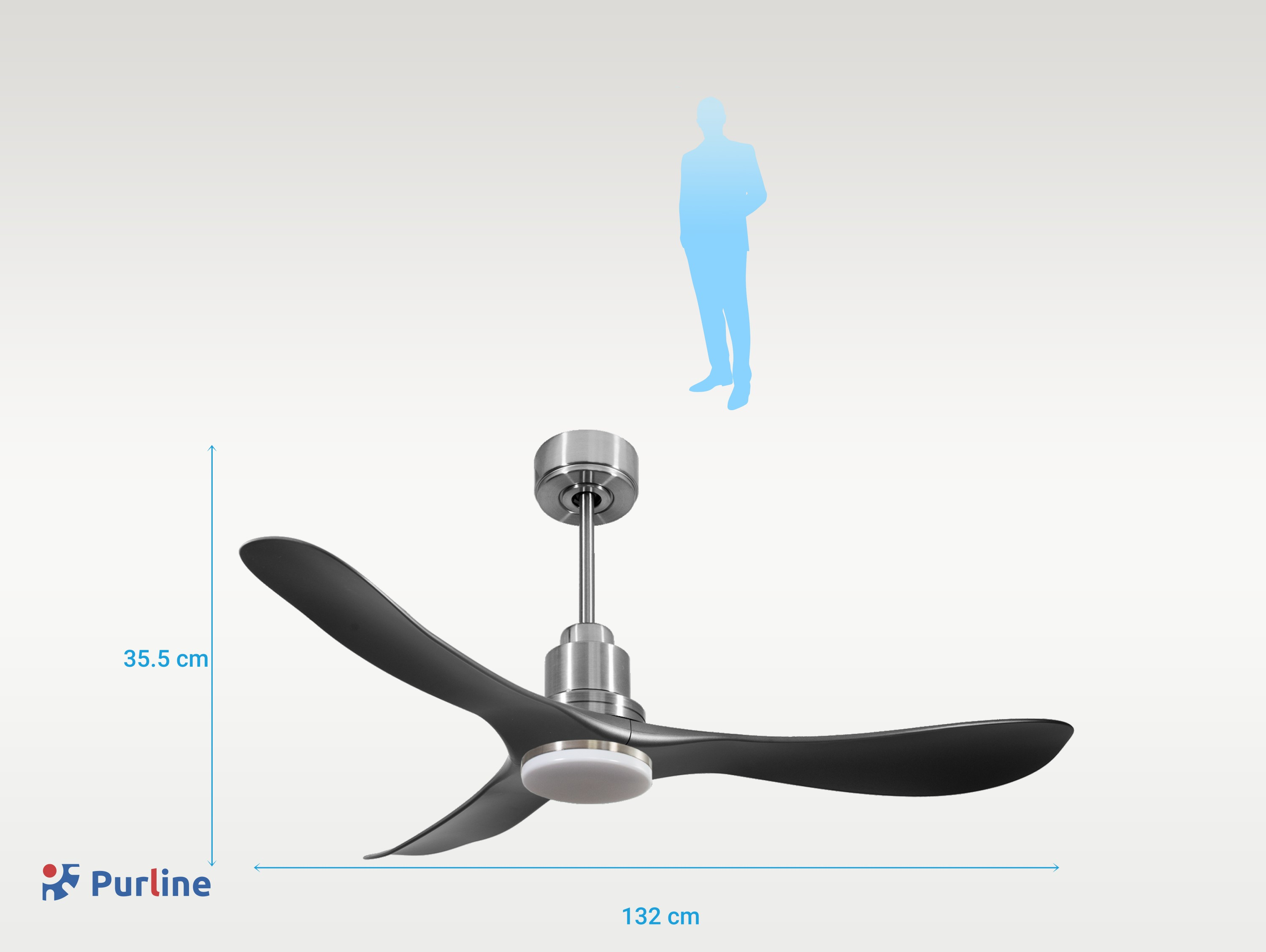 Ventilador de techo gris y plateado. Silueta de persona en el fondo.