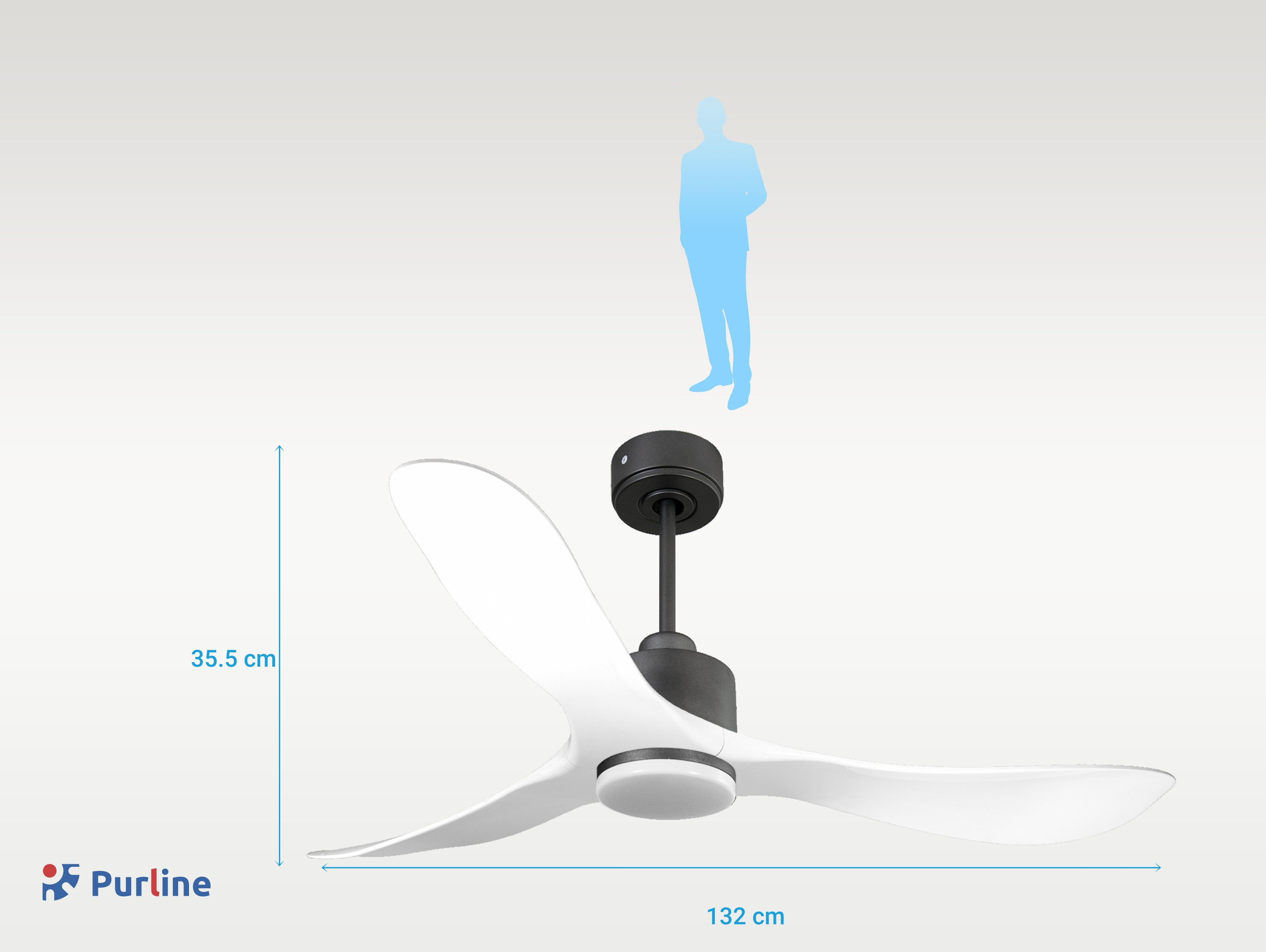 Ventilador de techo blanco con detalles negros. Dimensiones junto a silueta humana. Logo Purline abajo a la izquierda.