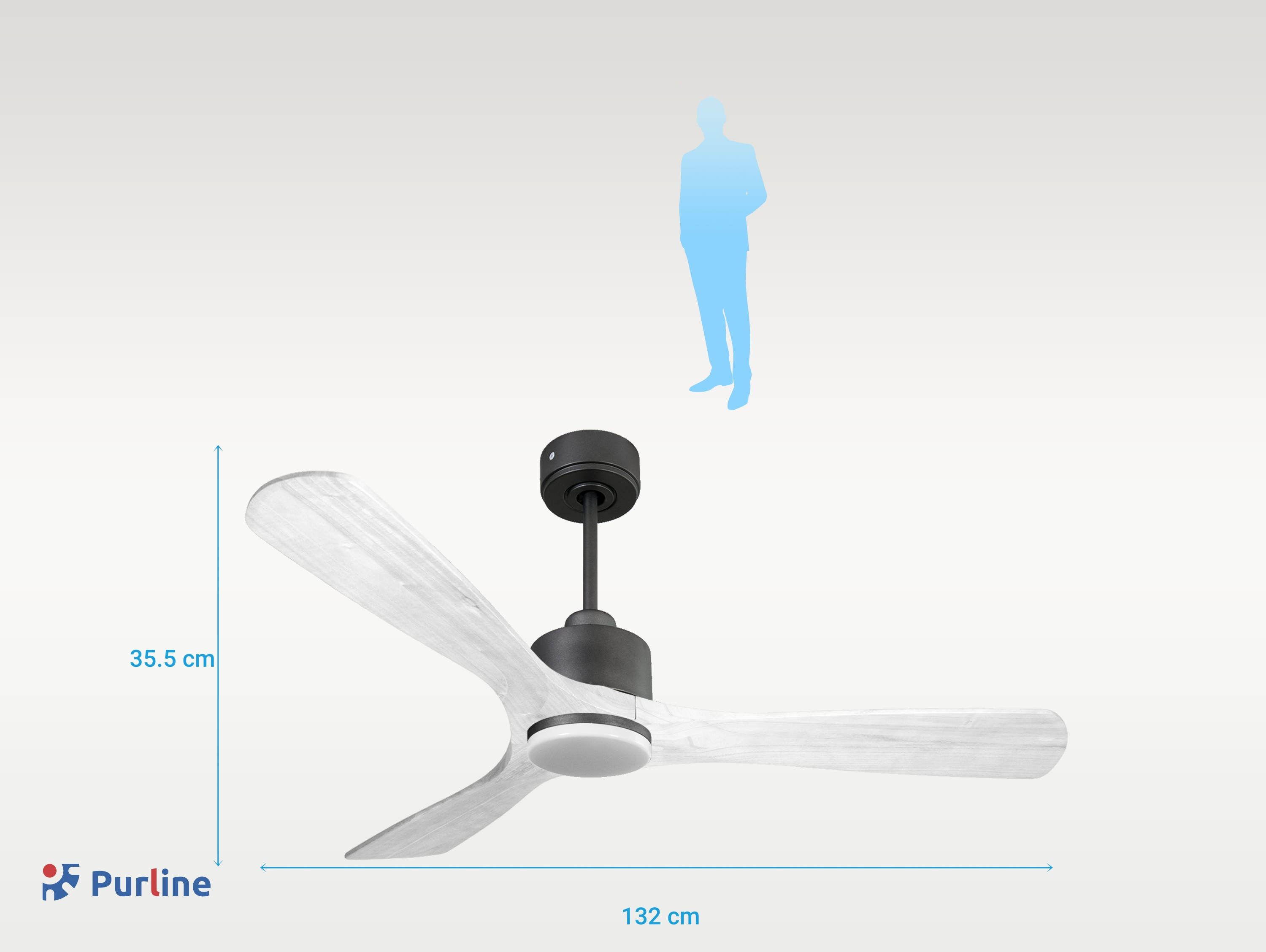Ventilador de techo con aspas blancas y de madera. Silueta humana azul arriba.